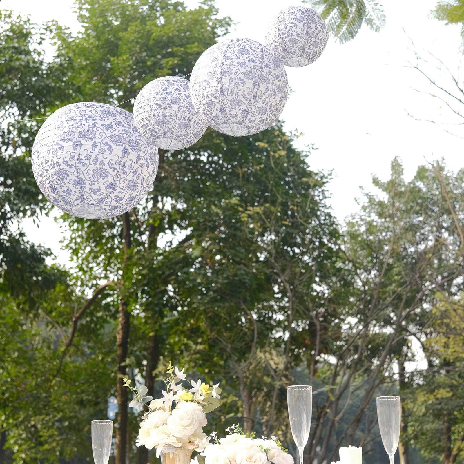 Set of 8 White Blue Hanging Chinese Lanterns in French Toile Floral Pattern, Festival Paper Lanterns - 6",8",10",14"