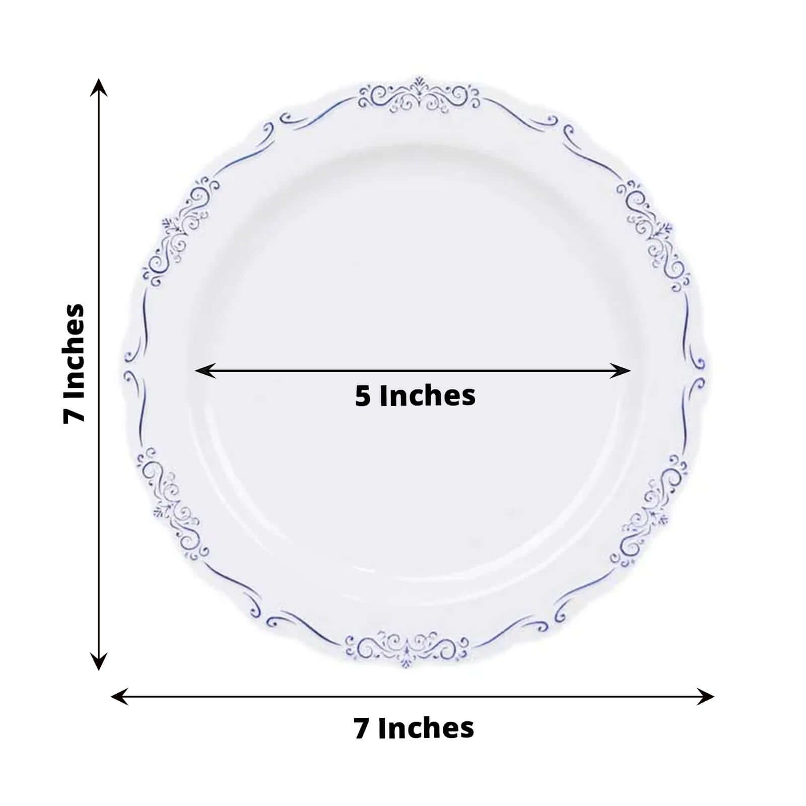 10-Pack Plastic 7" Round Dessert Plates in White with Blue Vintage Embossed Rim - Sturdy Disposable Scalloped Edge Salad Plates