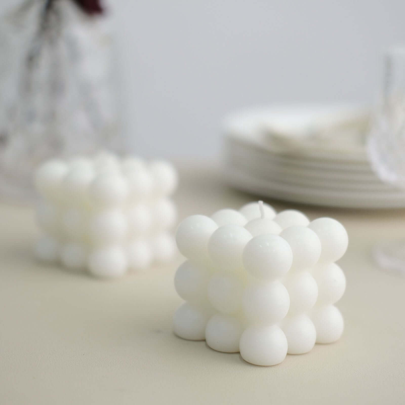 2-Pack Decorative Paraffin Wax Candles Bubble Cube Design White - Unscented Long Burning Pillar Candle Set 2"