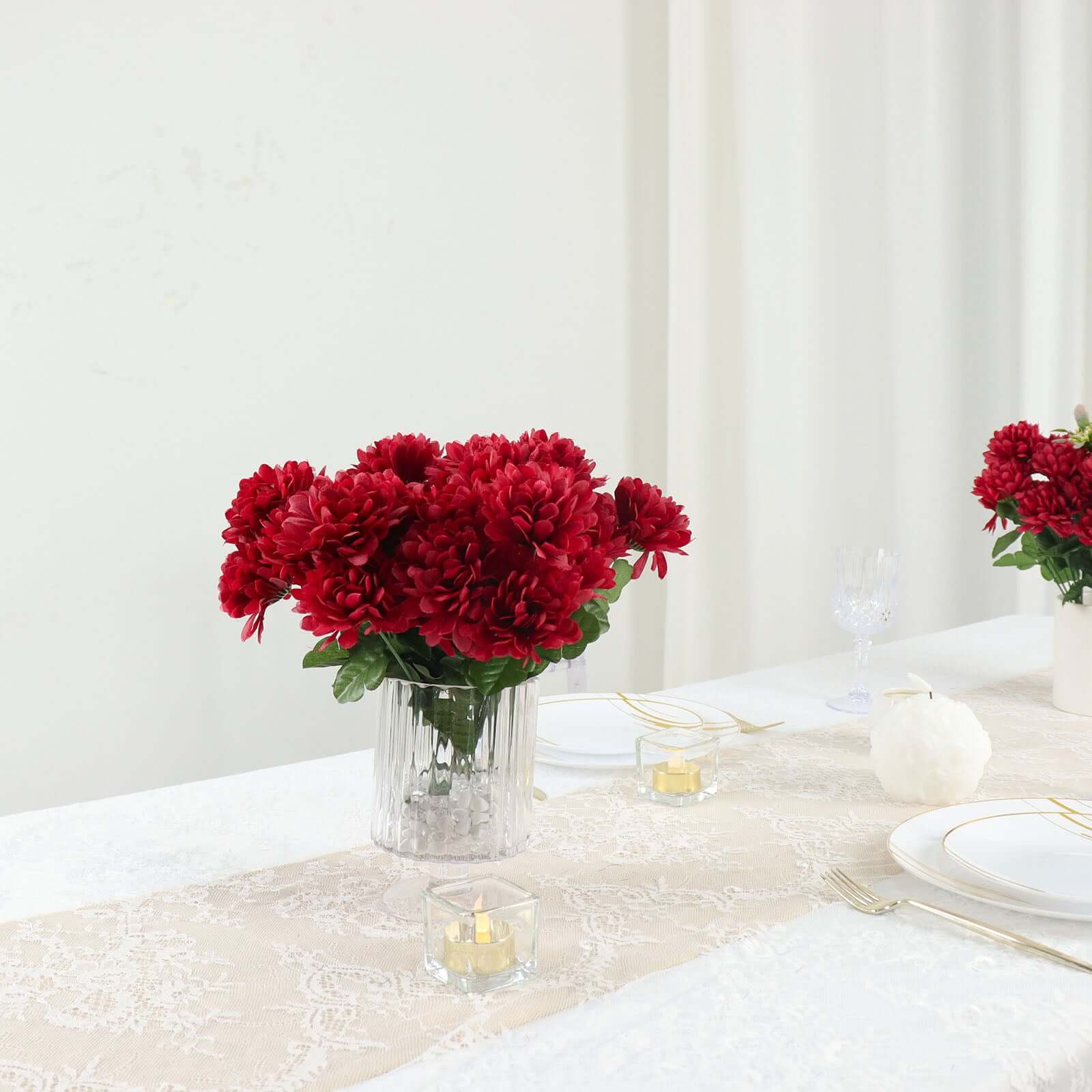 12 Bushes Burgundy Artificial Silk Chrysanthemum Flower Bouquets