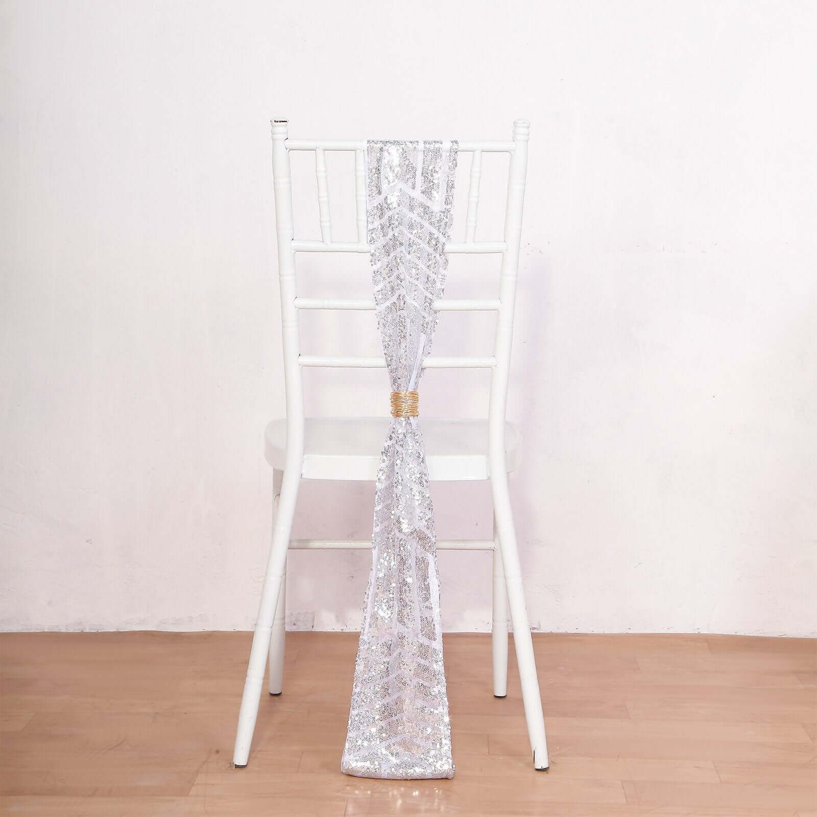 5 Pack Glitz Sequin Chair Sashes with Geometric Diamond Design 6"x88"Silver