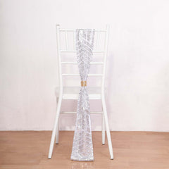 5 Pack Glitz Sequin Chair Sashes with Geometric Diamond Design 6"x88"Silver