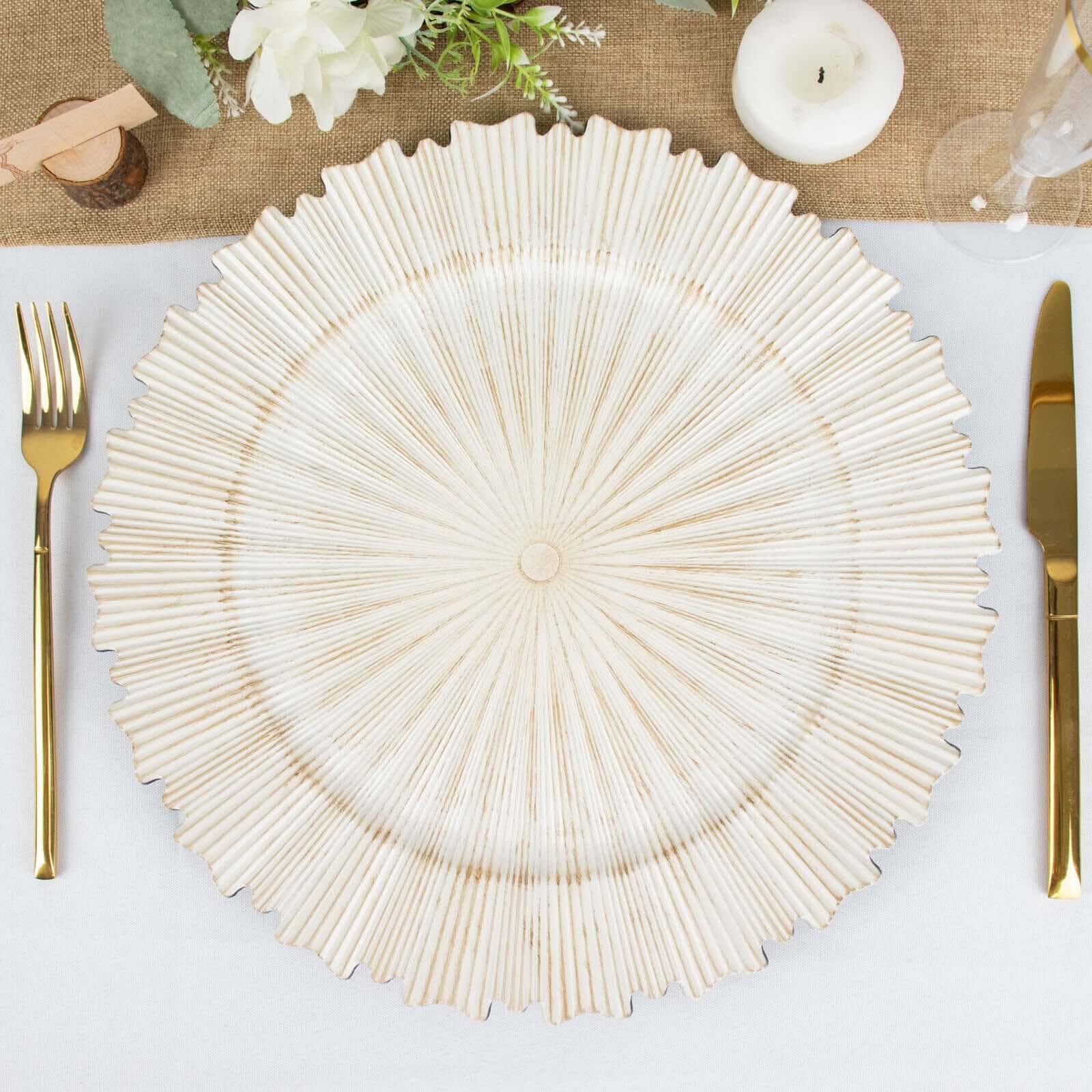 6-Pack Acrylic Plastic Round Charger Plates 13" in Washwhite with Sunray Scalloped Rim, Decorative Dinner Party Charger Tableware