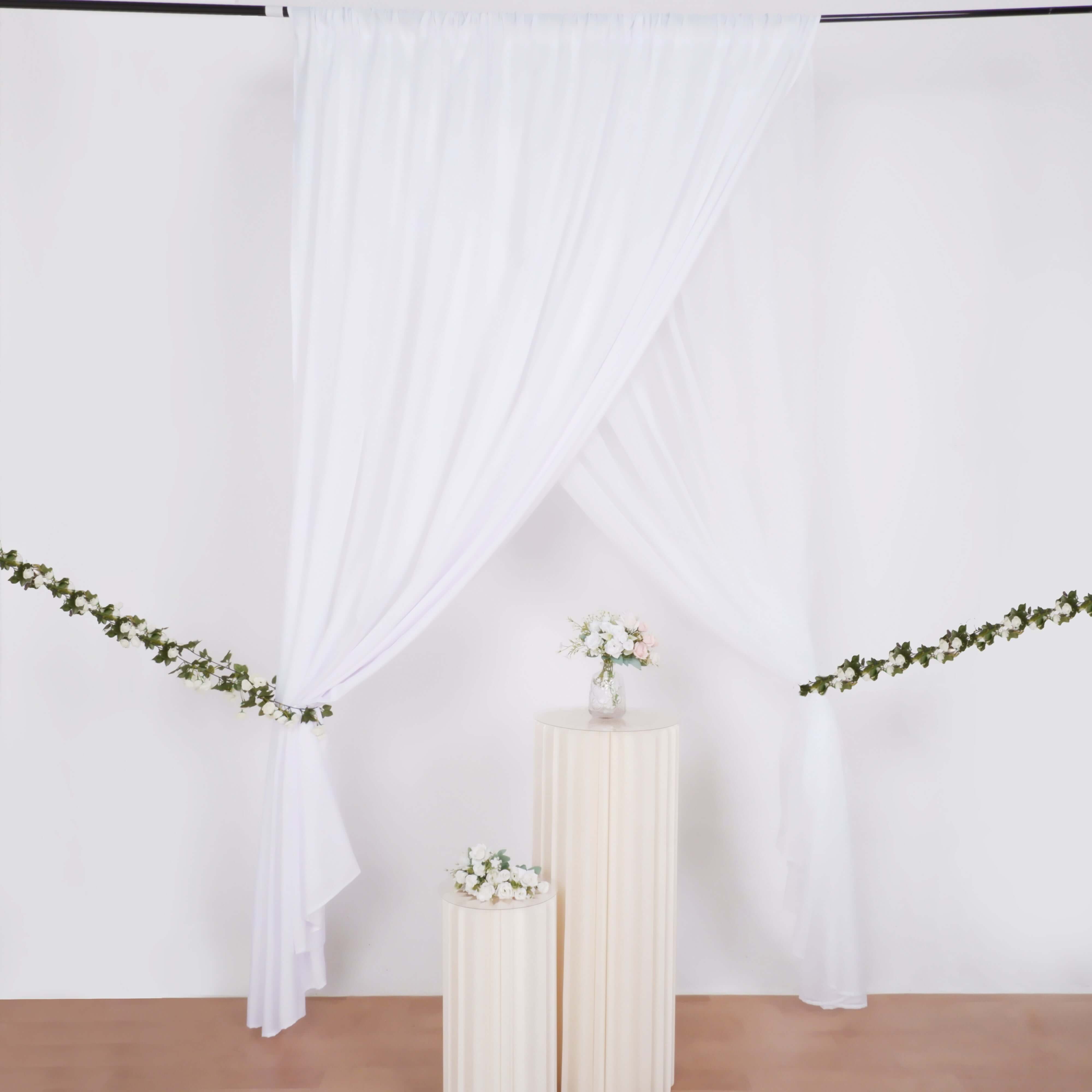 White Chiffon Polyester Event Curtain Drapes, Dual Layer Divider Backdrop Curtain Panels with Rod Pockets - 10ftx10ft