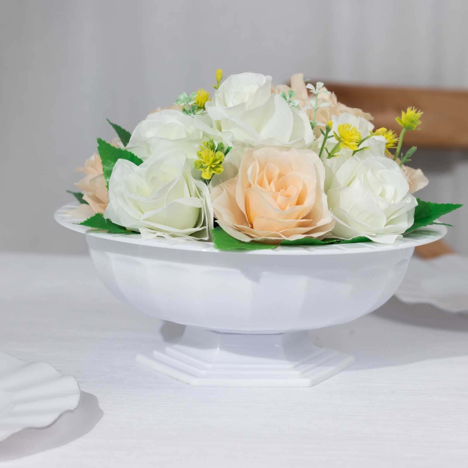 3-Pack Plastic Footed Compote Bowl Flower Vases Roman Style White - Round Decorative Pedestal Table Centerpieces 10"