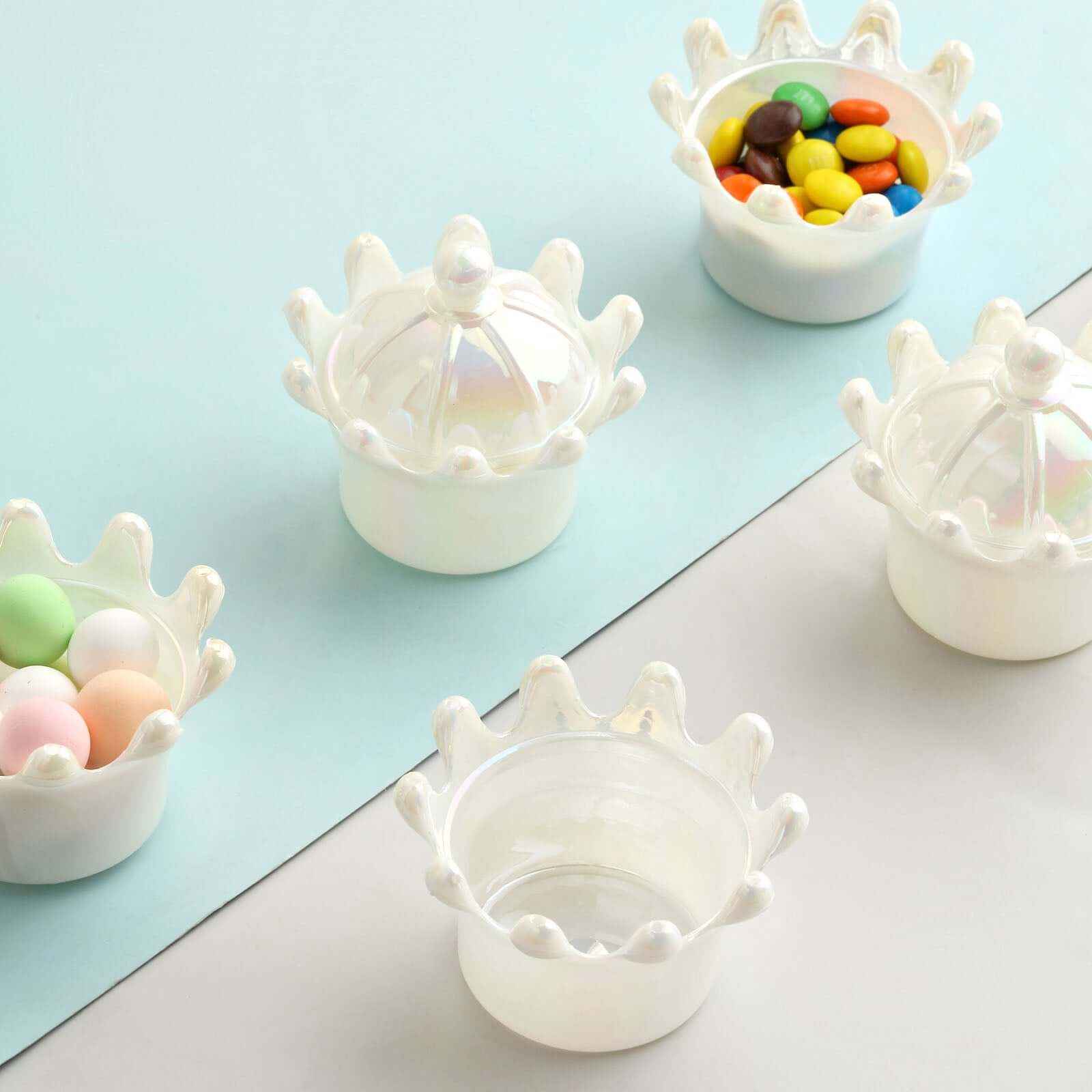 12 Pack 3" White Fillable Mini Crown Treat Favor Boxes, Small Candy Container Gift Boxes With Iridescent Dome Lids