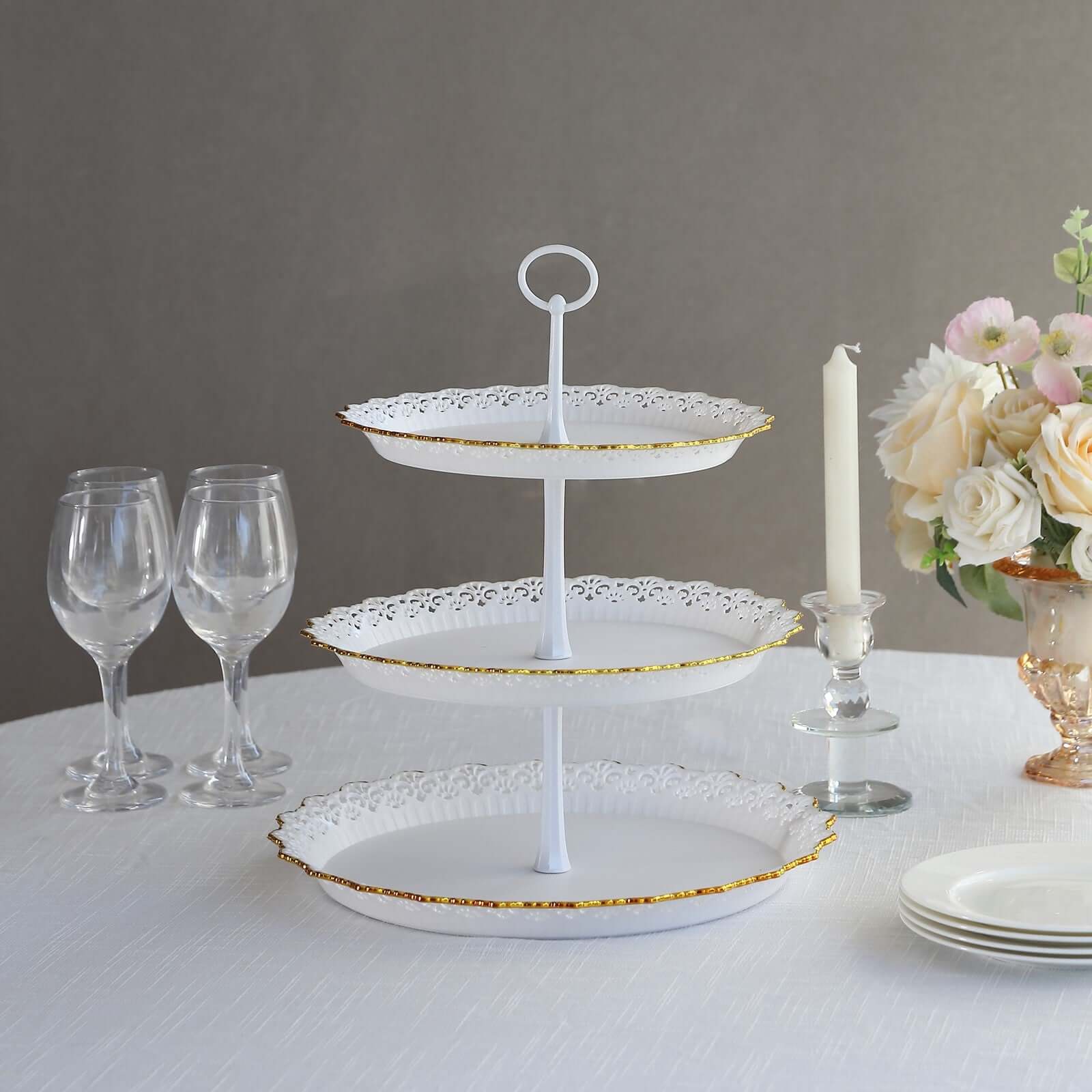3-Tier Plastic Round Cupcake Stand 15" White with Lace Gold Rim Scalloped Edges - Multifunctional Space Saving Dessert Display Tower Pastry Serving Tray for Classy Events