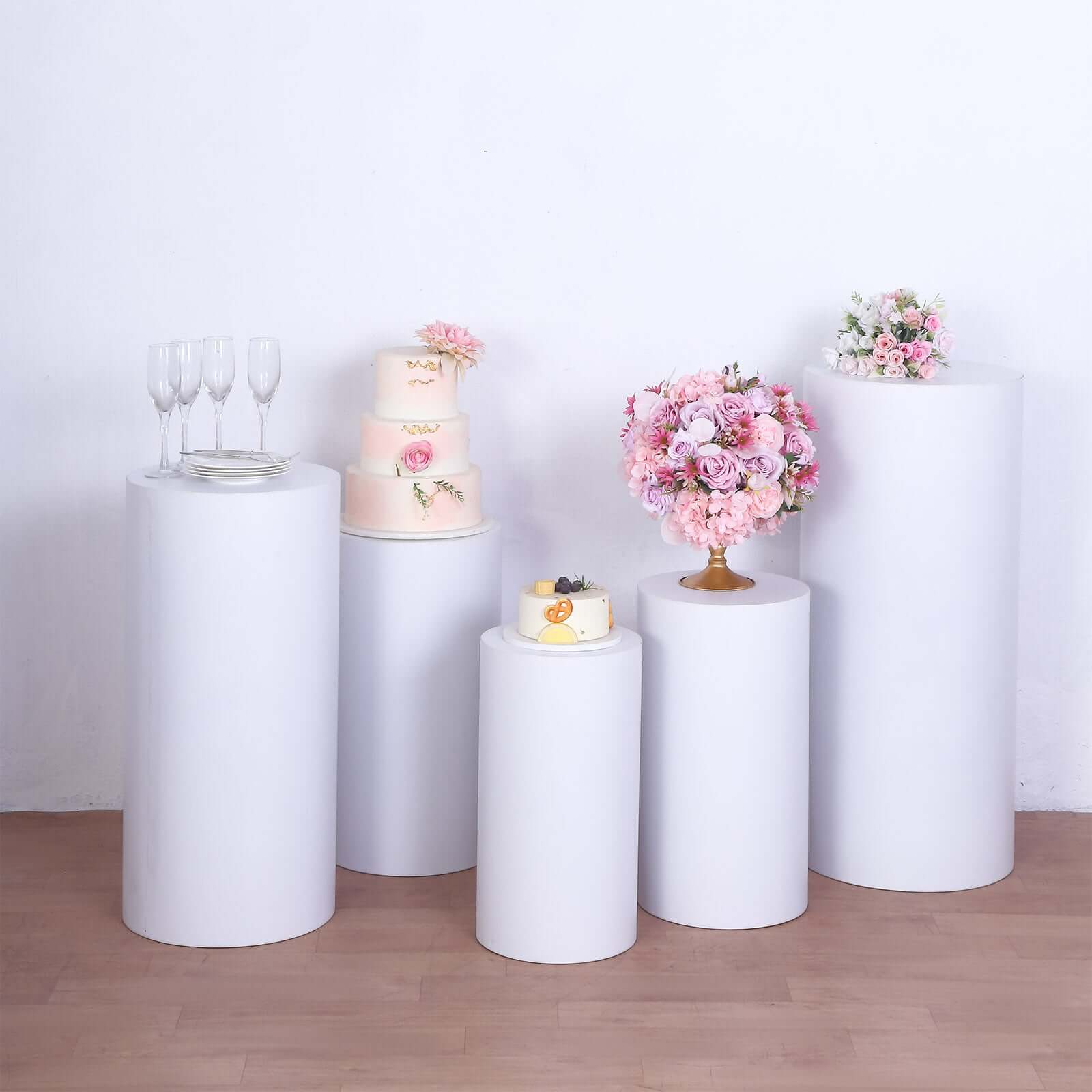 Set of 5 White Metal Cylinder Pillar Prop Stands For Wedding Aisle, Round Plinth Pedestal Display Boxes - 20",22",24",26",30"