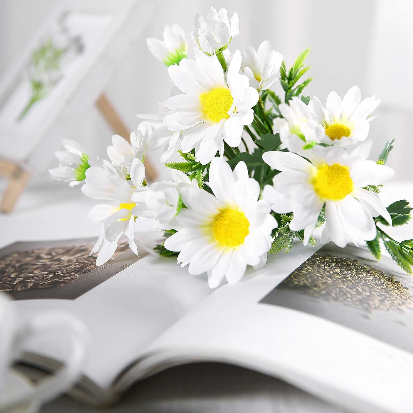 4 Bushes 11" White Artificial Silk Daisy Flower Bouquet Branches