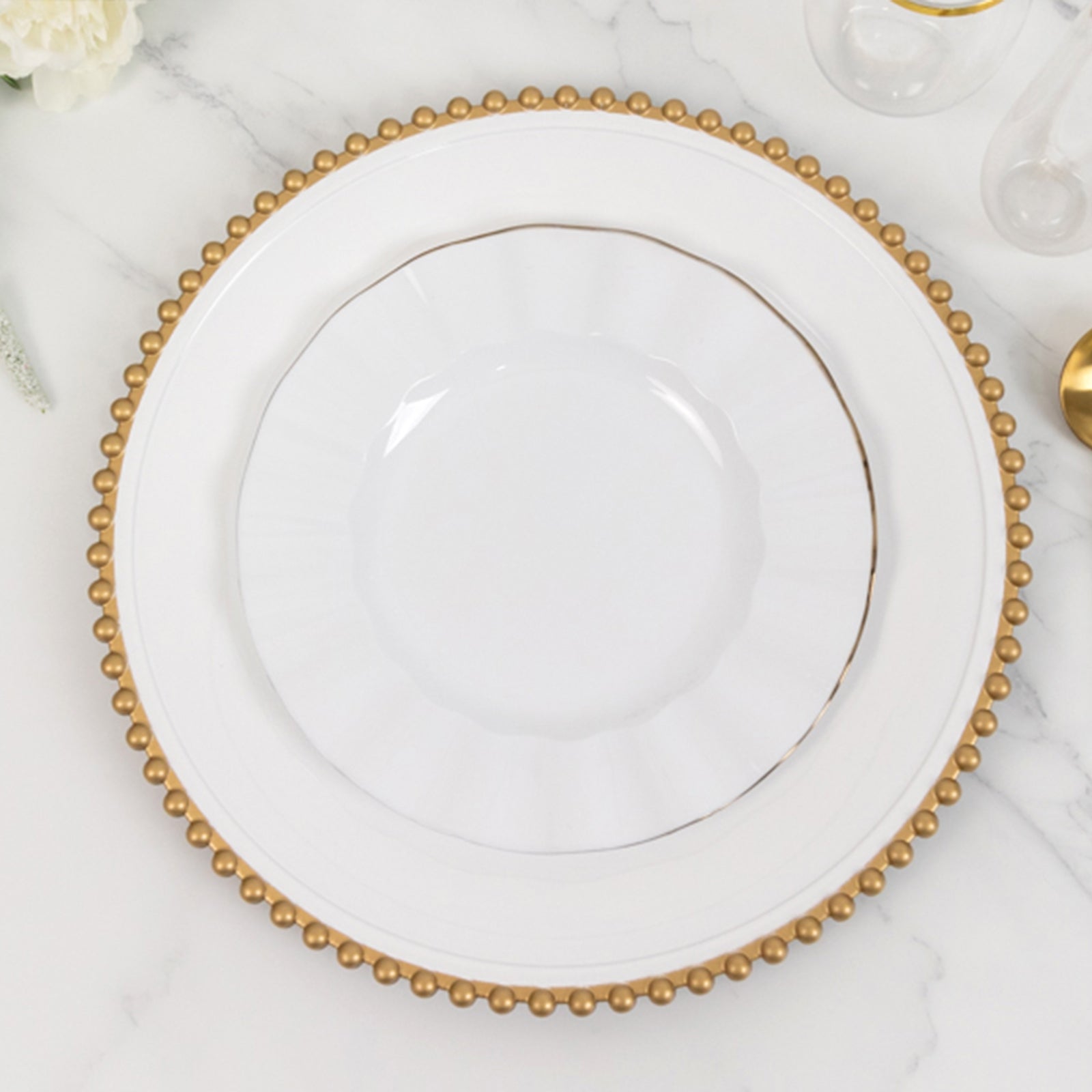 6-Pack Acrylic Round Charger Plates 13" in White with Gold Beaded Rim, Decorative Dinner Party Charger Tableware