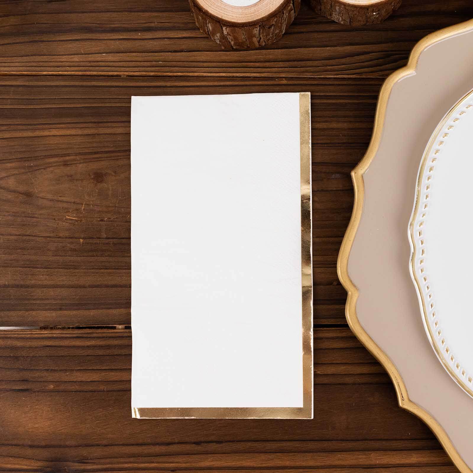 50-Pack Paper Dinner Napkins White with Gold Foil Edge 2 Ply - Stylish Disposable Napkins for Parties