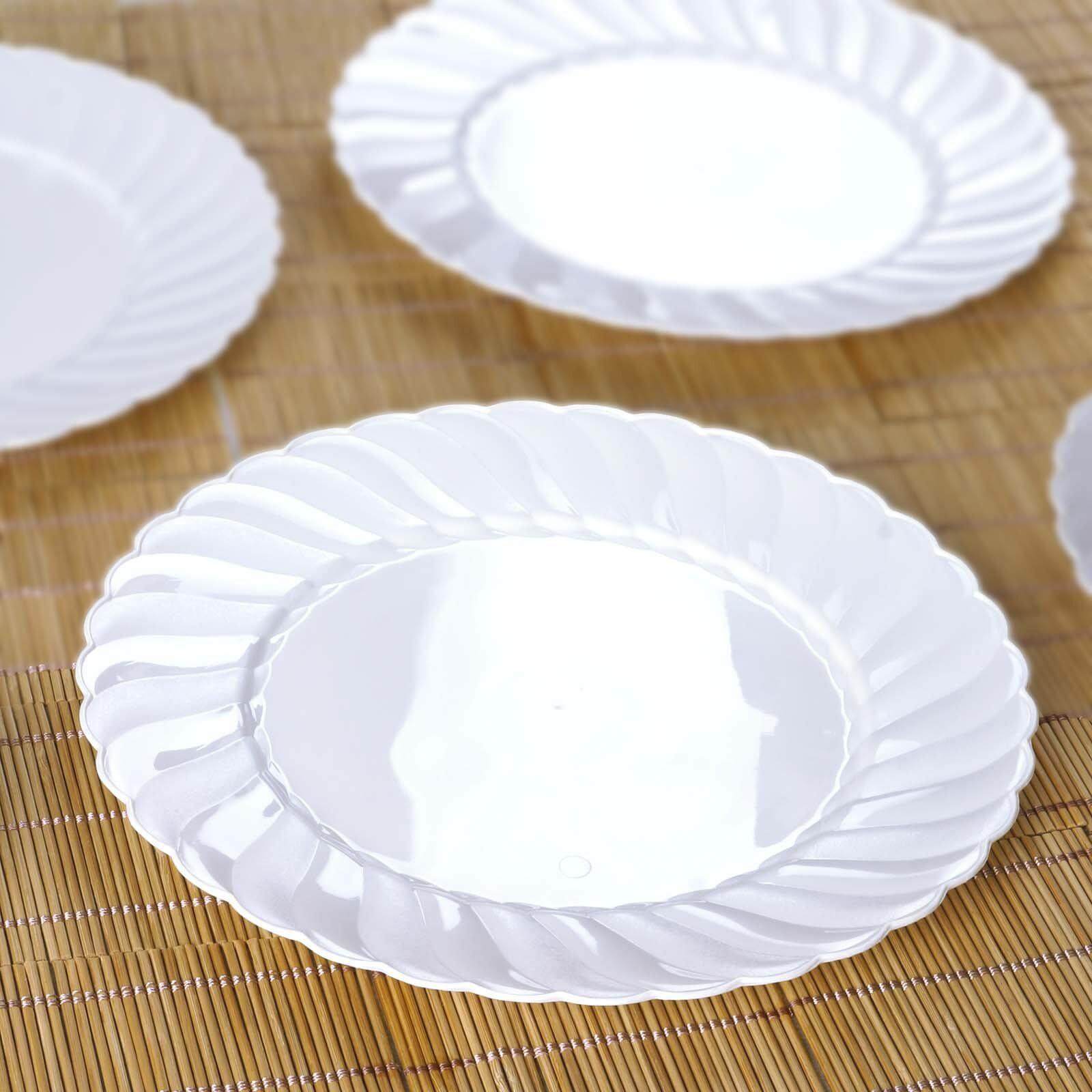 12-Pack Plastic Dinner Plates Glossy White Swirl Rim - Durable Disposable Plates for Gatherings 10"