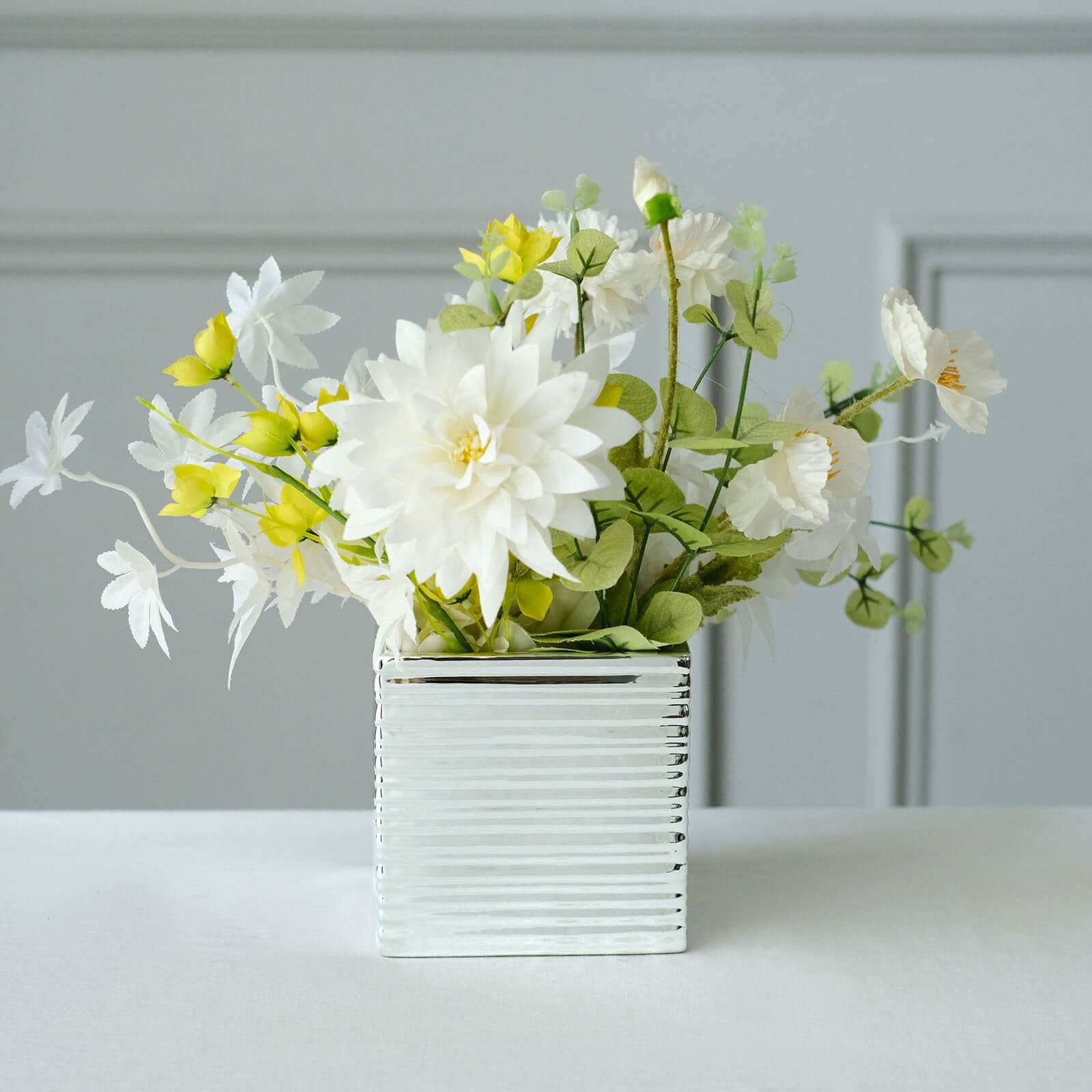 2 Pack 5" Silver Brush Textured Ceramic Square Indoor Plant Pots, Cube Shaped Flower Box