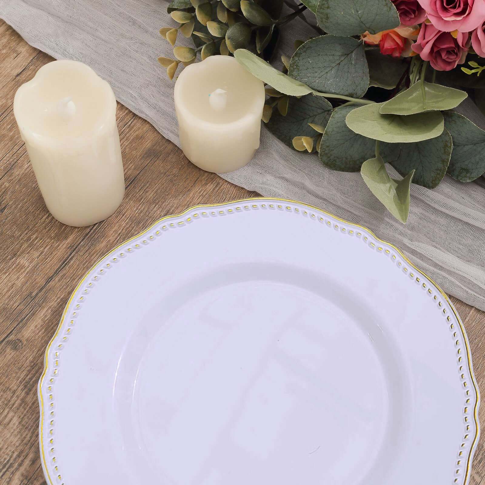 10-Pack Plastic Dinner Plates in White with Gold Scalloped Rim - Disposable Party Plates 9"