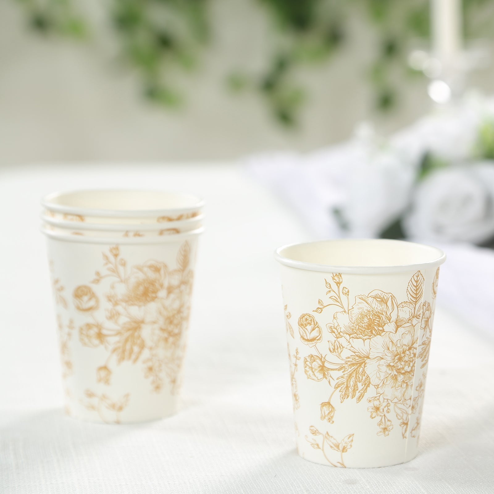 24-Pack Paper Cups in White with Gold French Toile Print - Stylish Disposable Floral Party Cups for Weddings & All Purpose Use 9oz