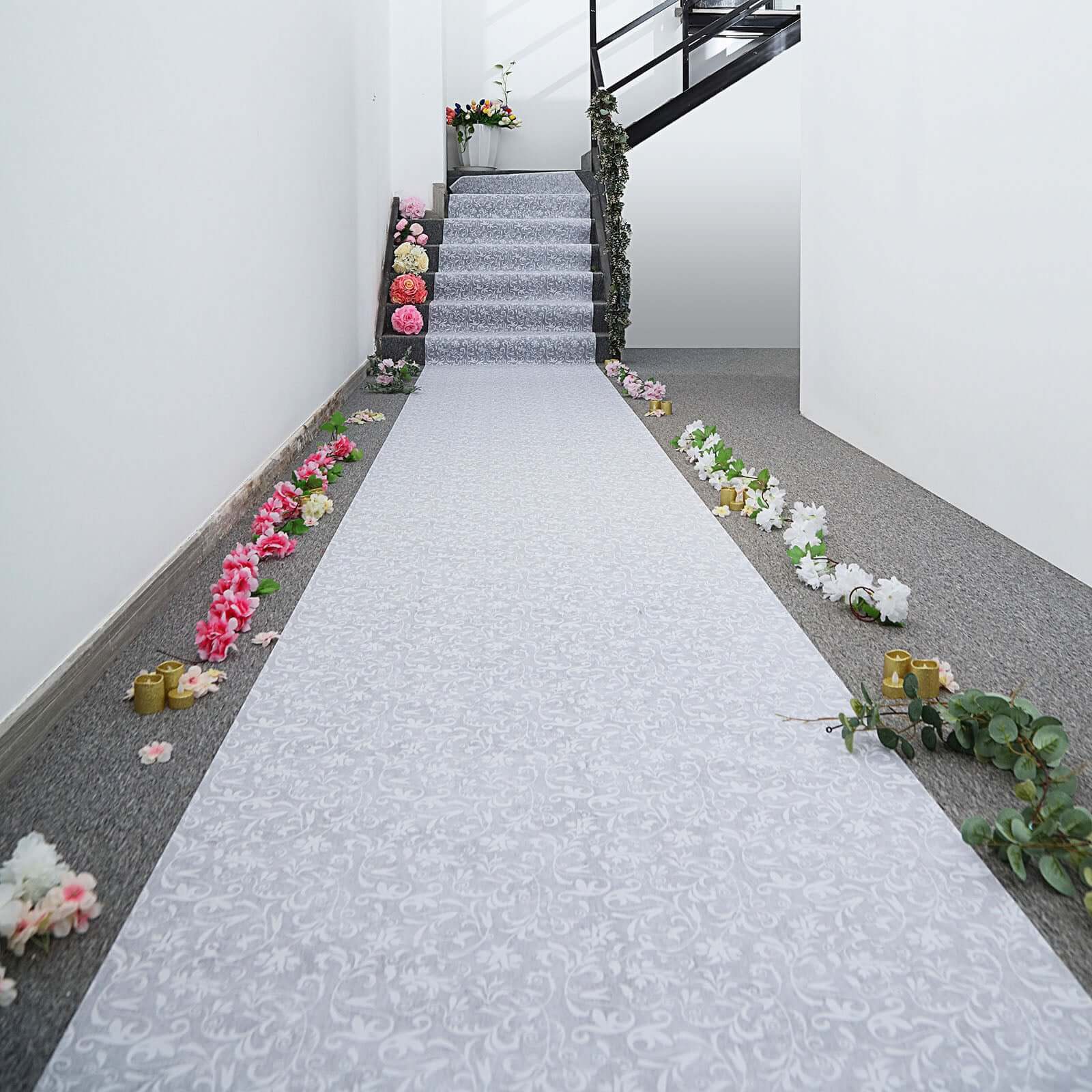36"x50ft White Floral Lace Aisle Runner