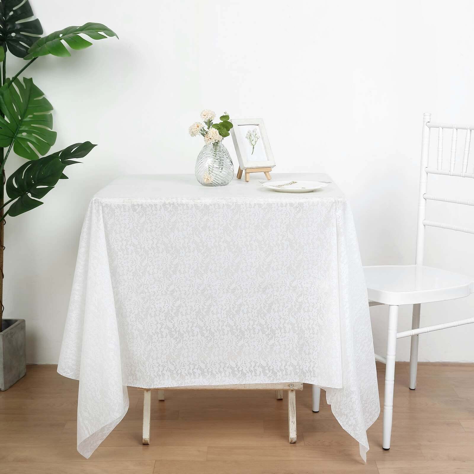 White Square Plastic Table Covers in Lace Design, 65"x65" PVC Waterproof Disposable Tablecloths