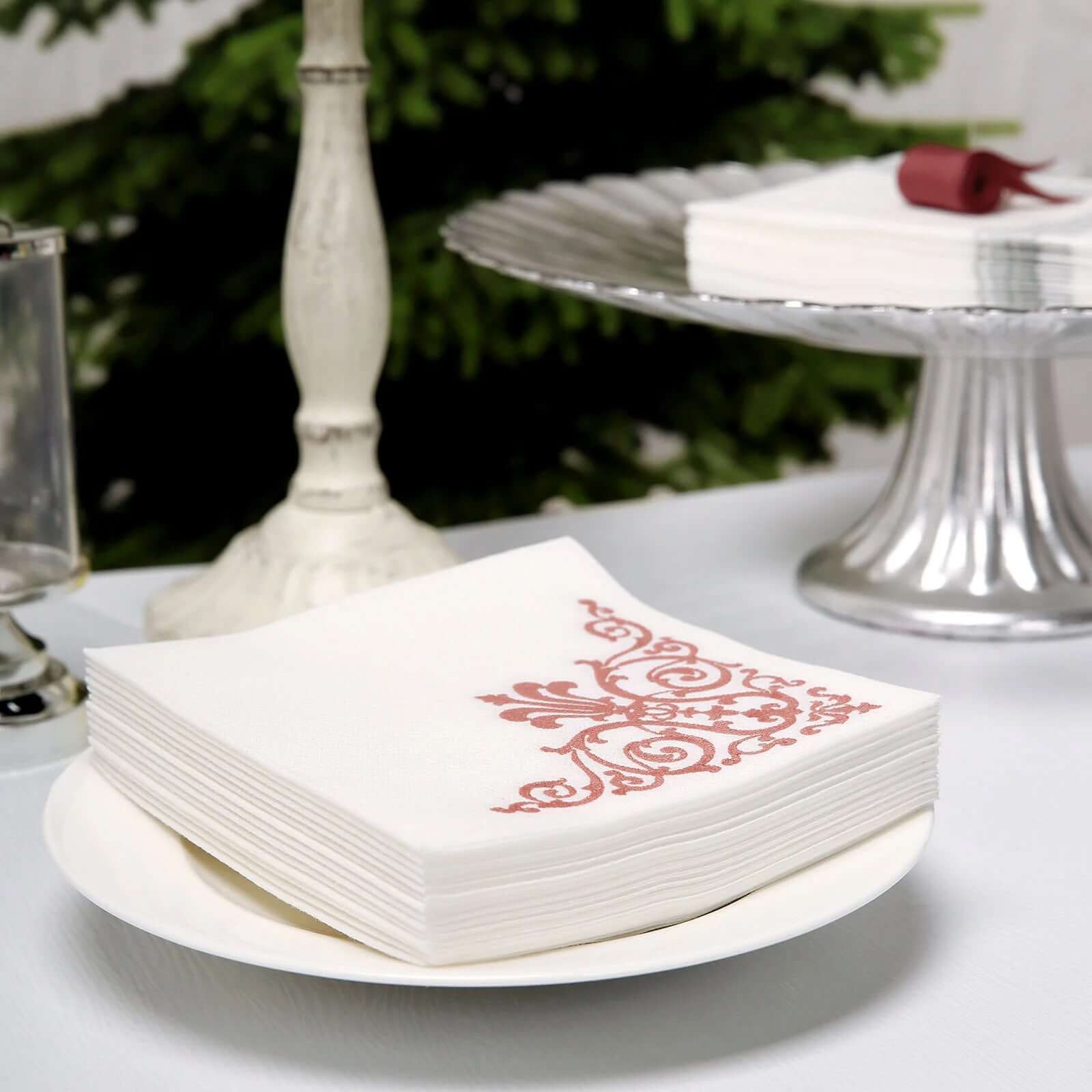 20 Pack Linen-Like Paper 5"x5" Napkins White - Rose Gold Fleur Vintage Airlaid Cocktail Napkins