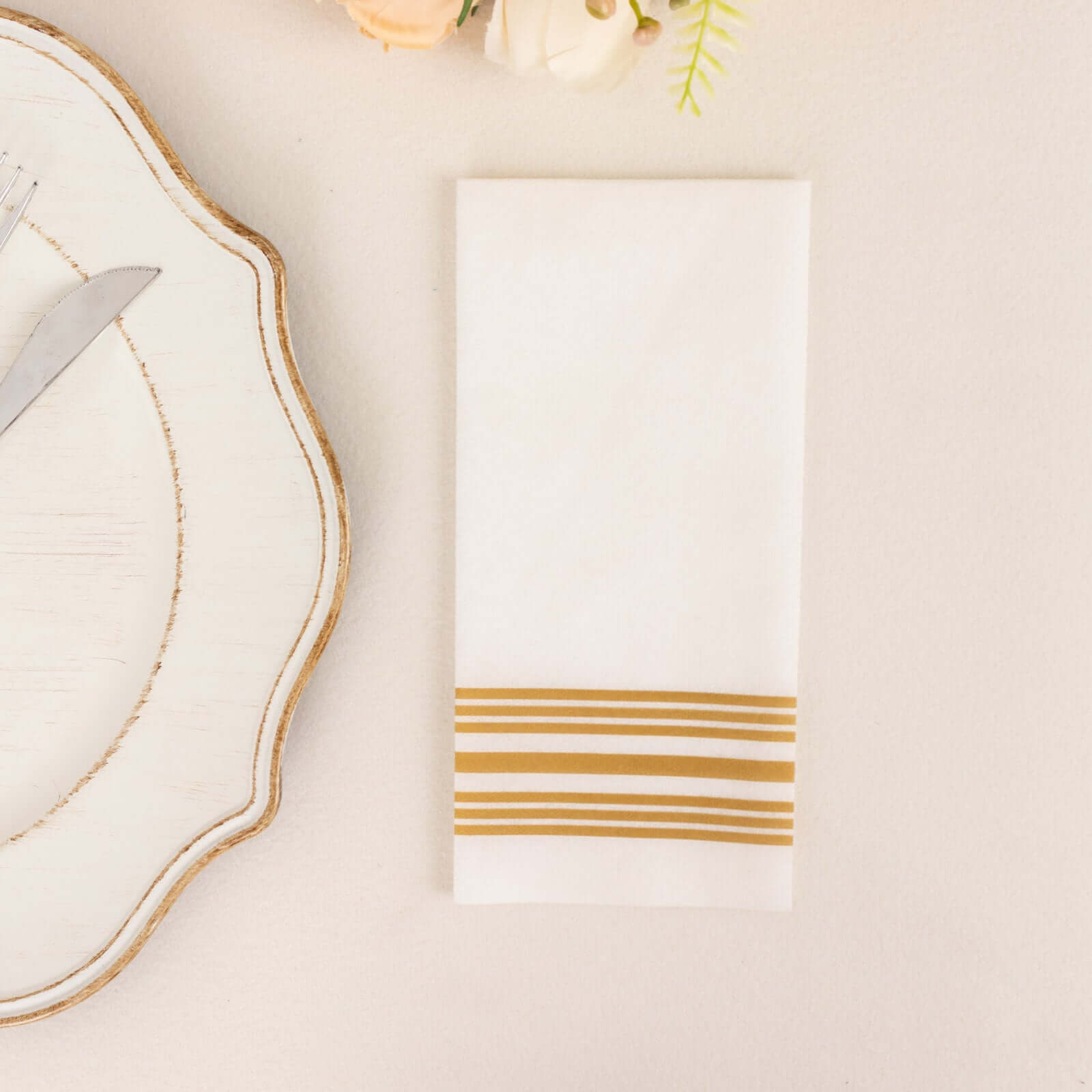20-Pack Paper Guest Towels White Linen-Like with Gold Lines - Disposable Airlaid Napkins for Formal and Casual Use 8"x4"