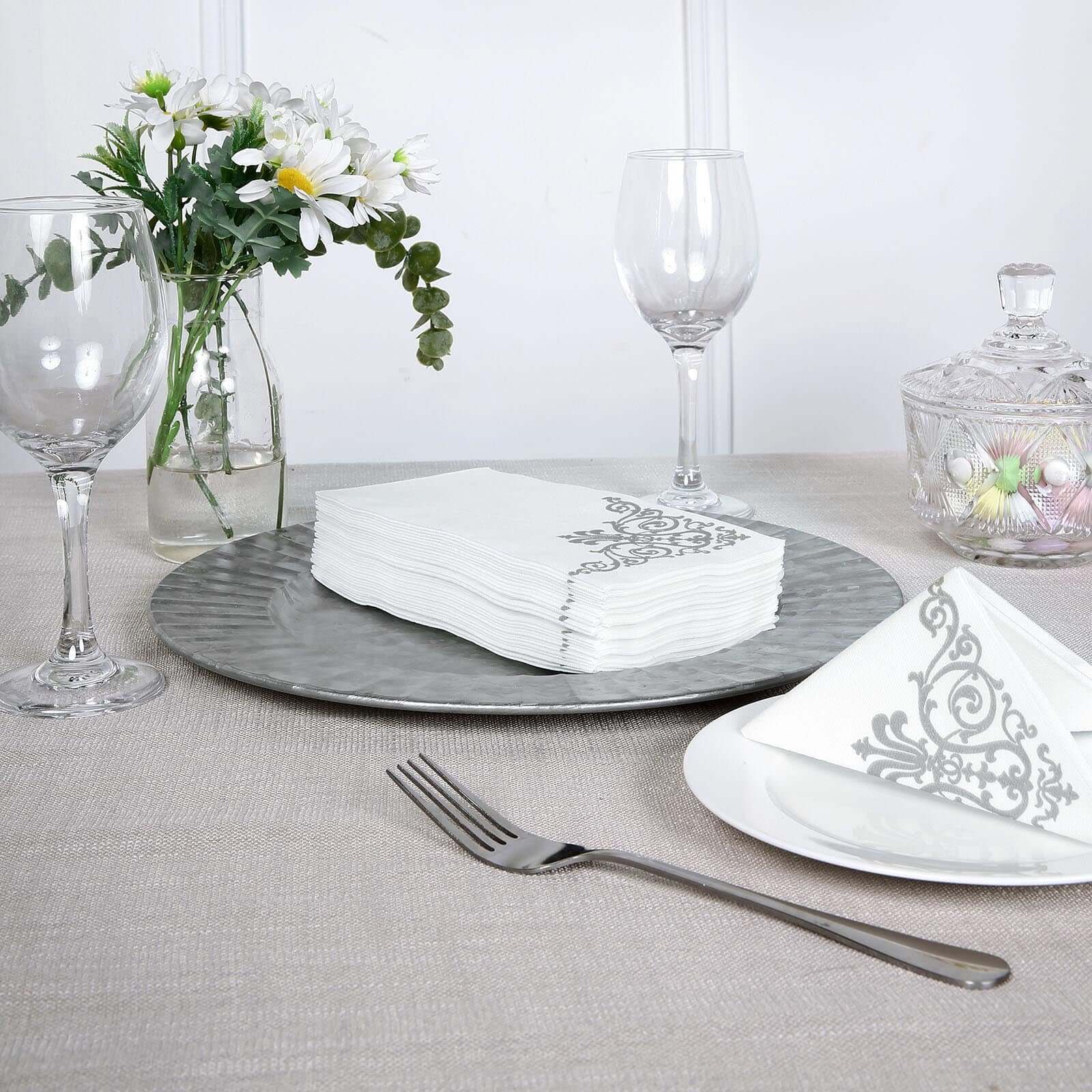 25 Pack Linen-Like Paper 8"x4" Napkins White with Metallic Silver Foil Fleur Vintage Design - Classy Disposable Airlaid Hand Towels for Weddings & Events