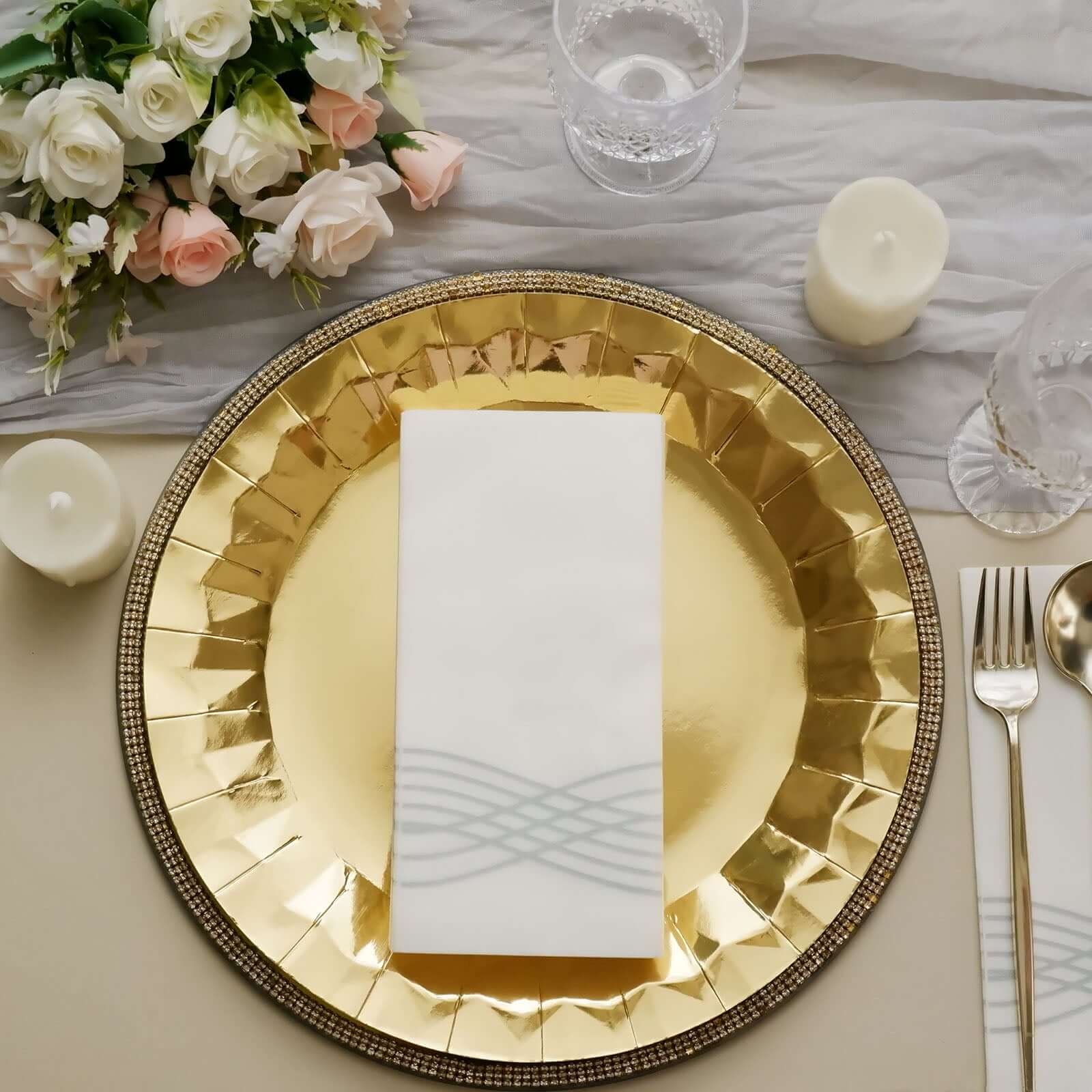 25 Pack Linen-Like Paper 8"x4" Napkins White with Metallic Silver Foil Wave Design - Soft & Absotbent Airlaid Hand Towels