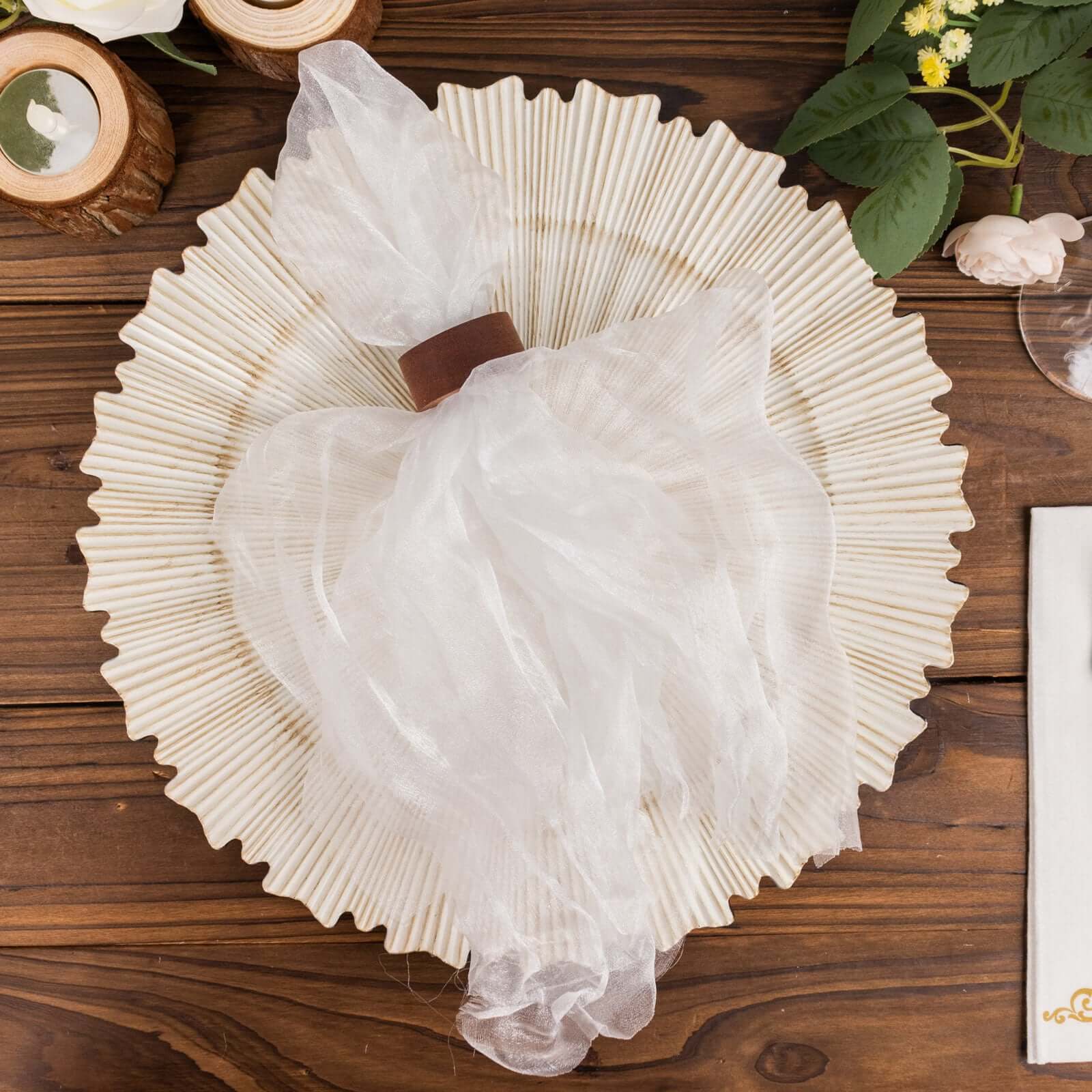 5 Pack Crinkled Organza 21"x21" Napkins White - Classy Rustic Style Dinner & Party Napkins