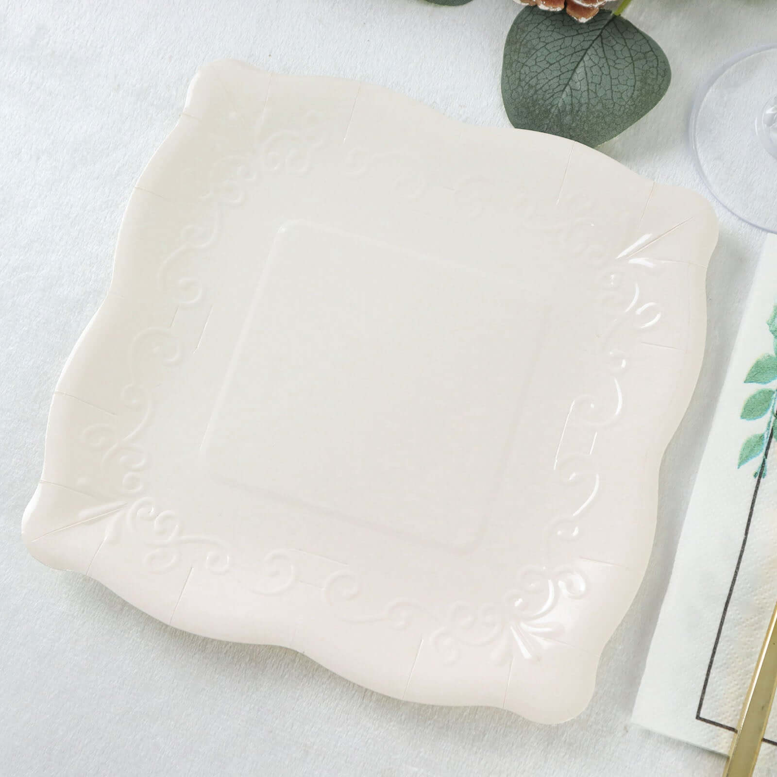 25-Pack Paper 7" Square Dessert Plates in White with Vintage Pottery Embossed Design - Shiny Disposable Appetizer Plates