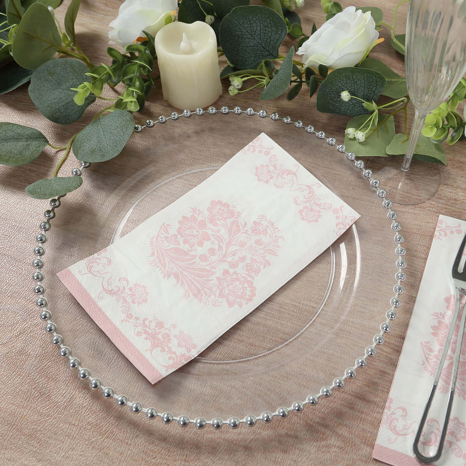 50-Pack Paper Dinner Napkins White with Pink Damask Floral Pattern 2-Ply - Stylish Disposable Napkins for Parties