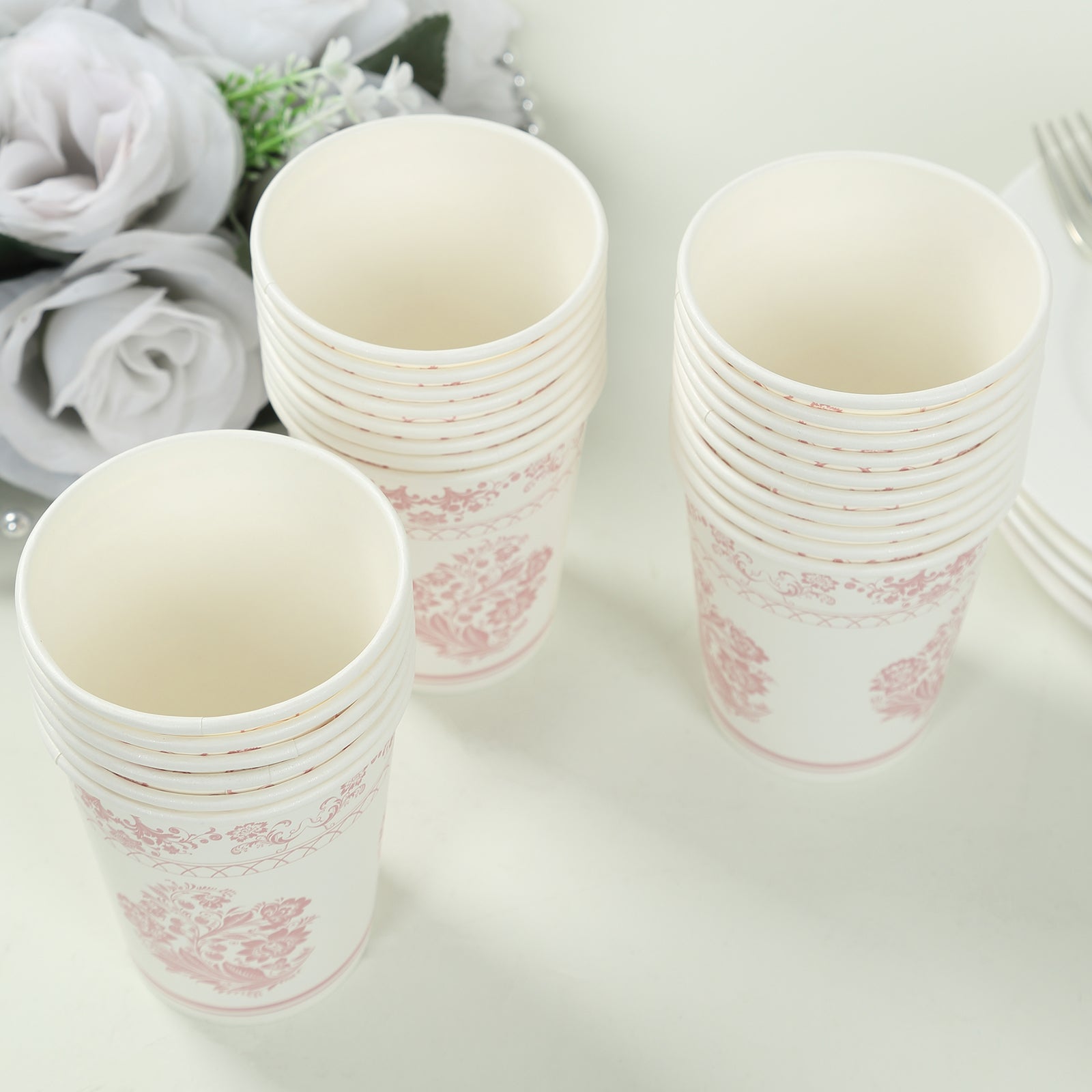 24 Pack Disposable Paper Cups in White Pink French Toile Pattern, Elegant Party Cups - 9oz