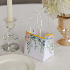 12 Pack White Pink Peony Flower Paper Party Favor Bags With Handles, Small Gift Goodie Bags With Gold Edge - 4"x4"