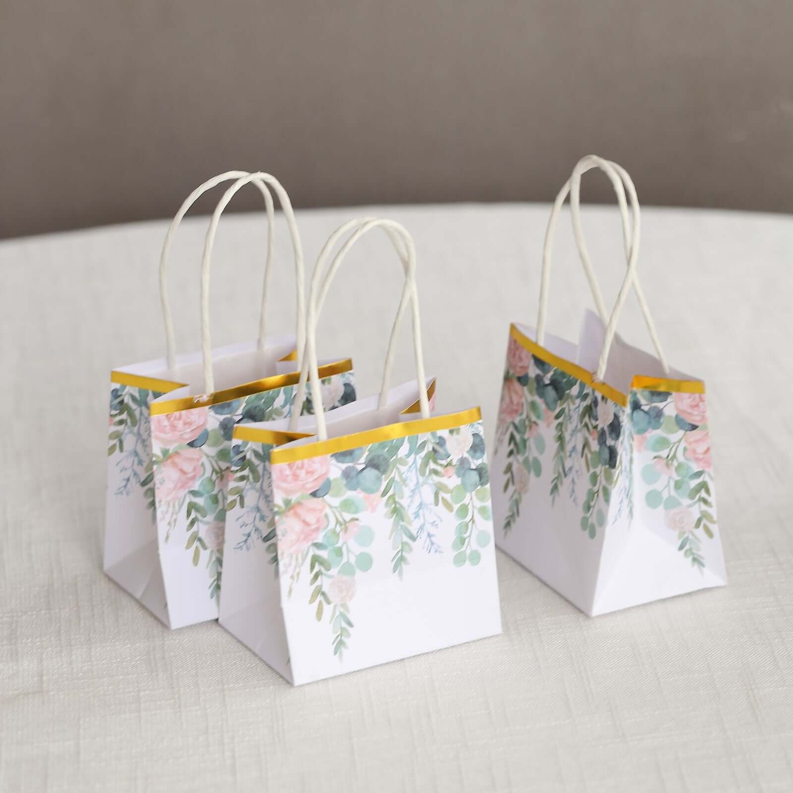 12 Pack White Pink Peony Flower Paper Party Favor Bags With Handles, Small Gift Goodie Bags With Gold Edge - 4"x4"