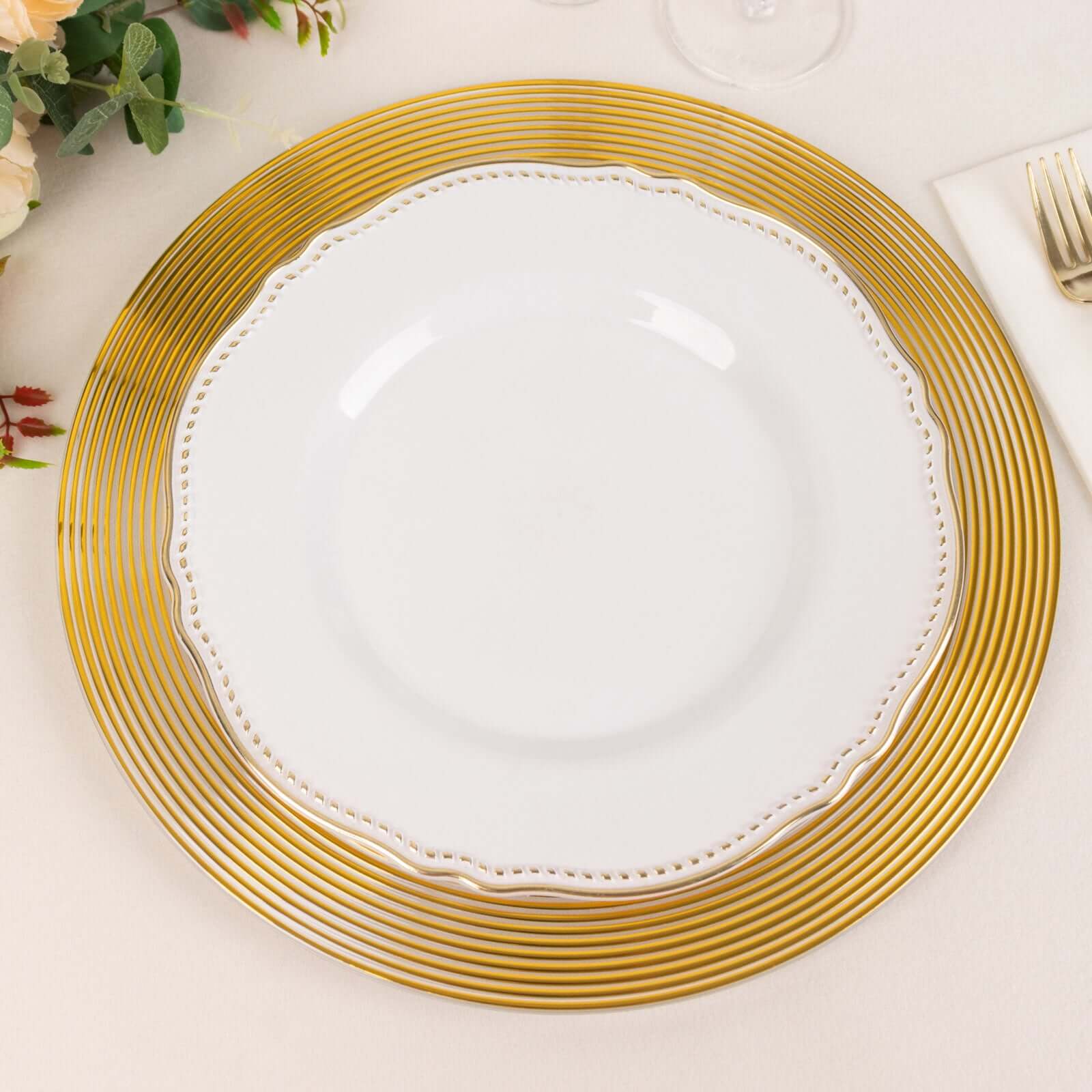 6-Pack Plastic Round Charger Plates 13" in Clear with Gold Lined Ring Rim, Classy Dinner Serving Plates