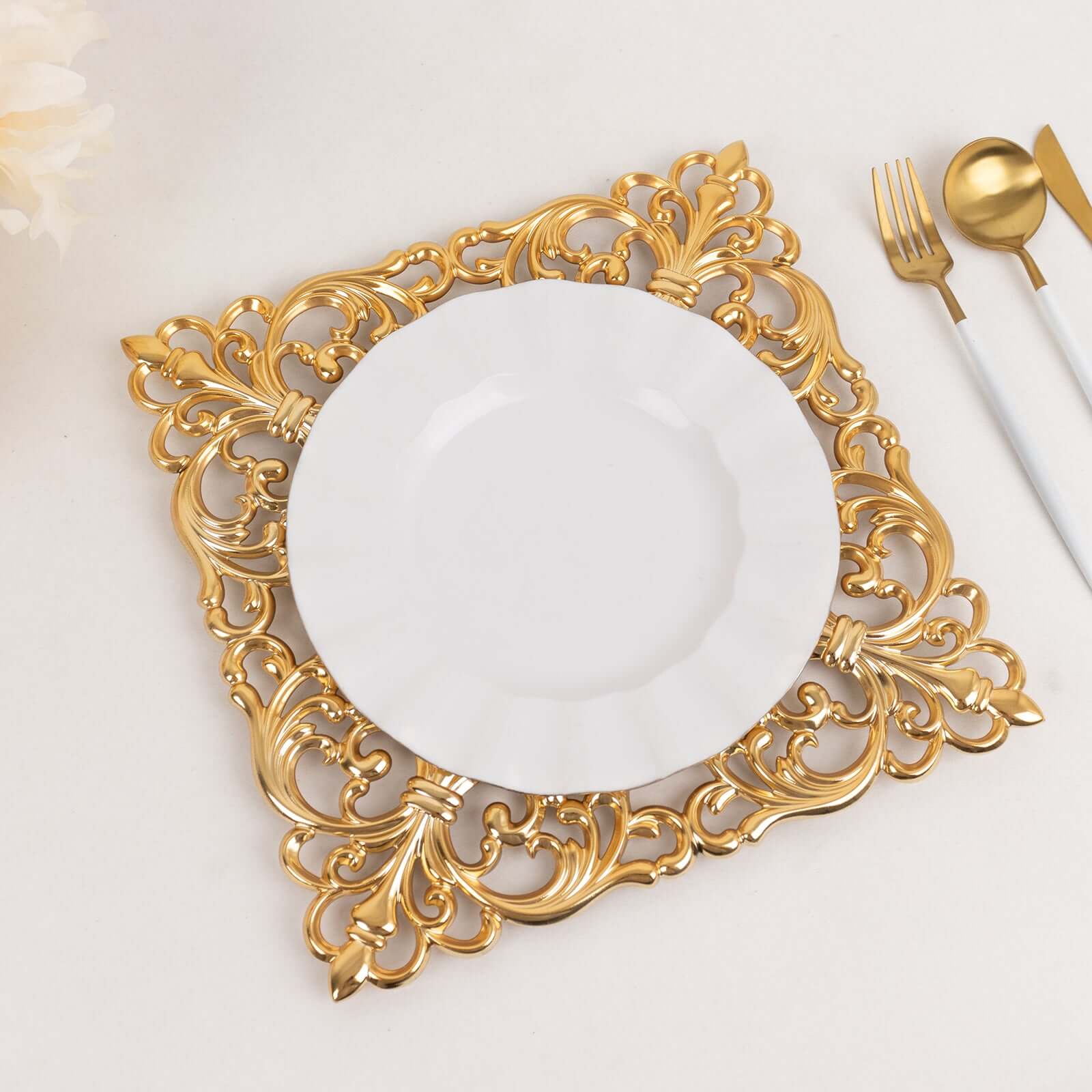 6-Pack Acrylic Square Charger Plates 12" in Gold with Hollow Lace Border, Event Tabletop Decorative Charger Tableware