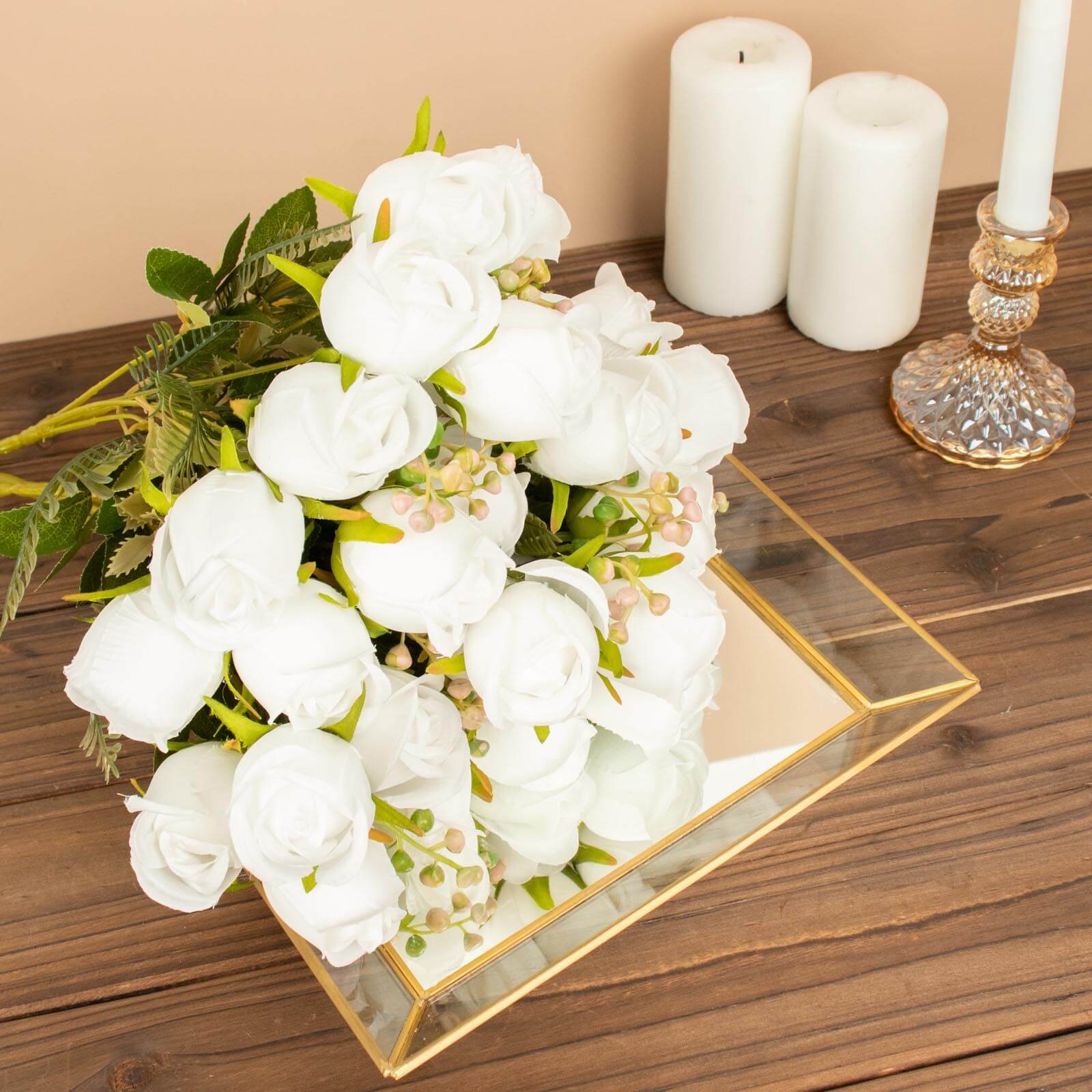 3 Pack 13" White Real Touch Silk Rose Bud Flower Bridal Bouquets, Artificial Floral Bush Arrangements