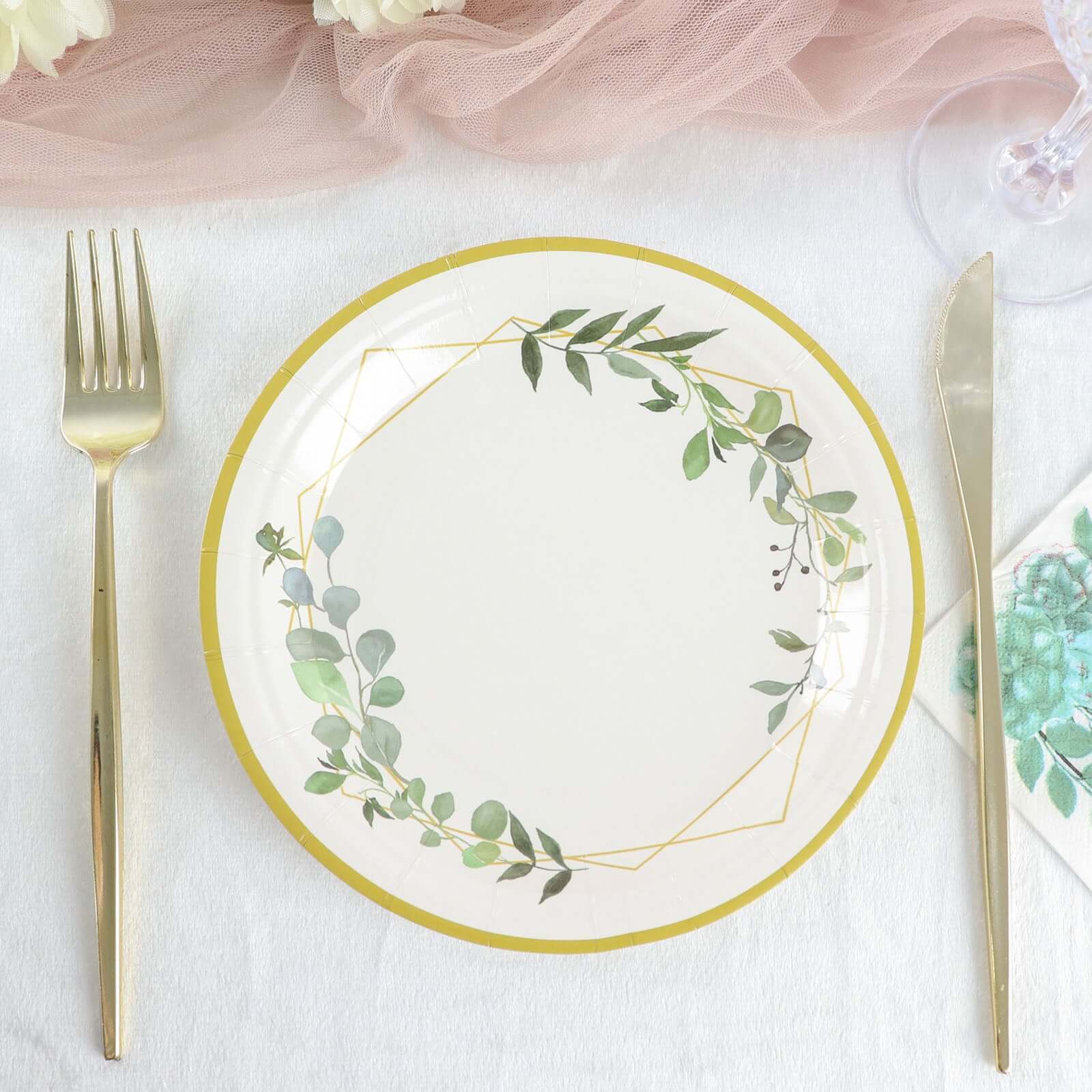 24-Pack Paper 7" Round Dessert Plates in White with Eucalyptus Leaves & Gold Rim - Disposable 300GSM Salad Plates for Garden Weddings & Celebrations