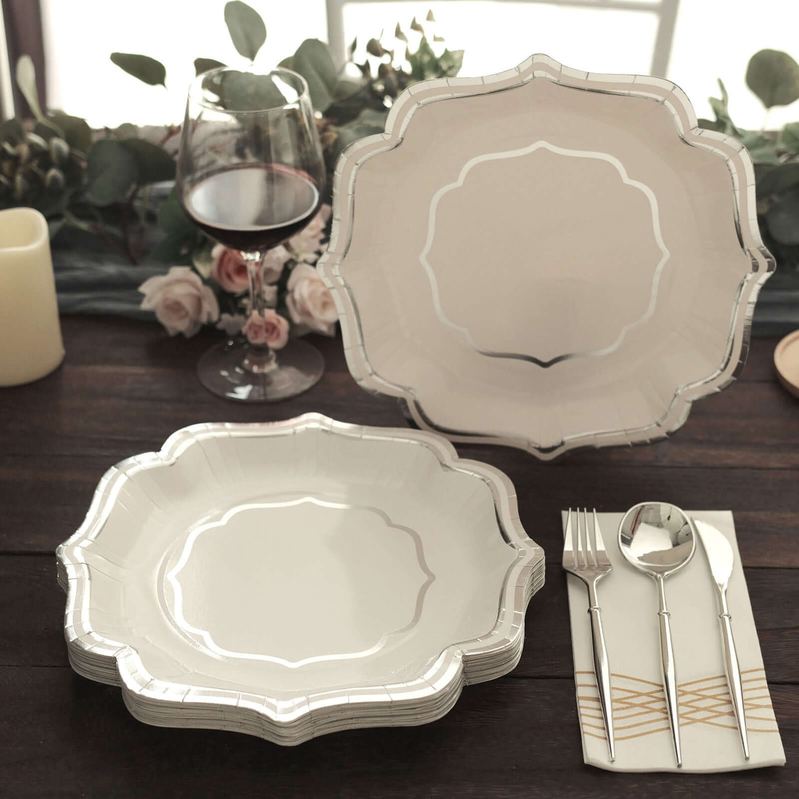 25-Pack Paper Dinner Plates in White with Silver Scallop Rim - Disposable 300GSM Party Plates 10"