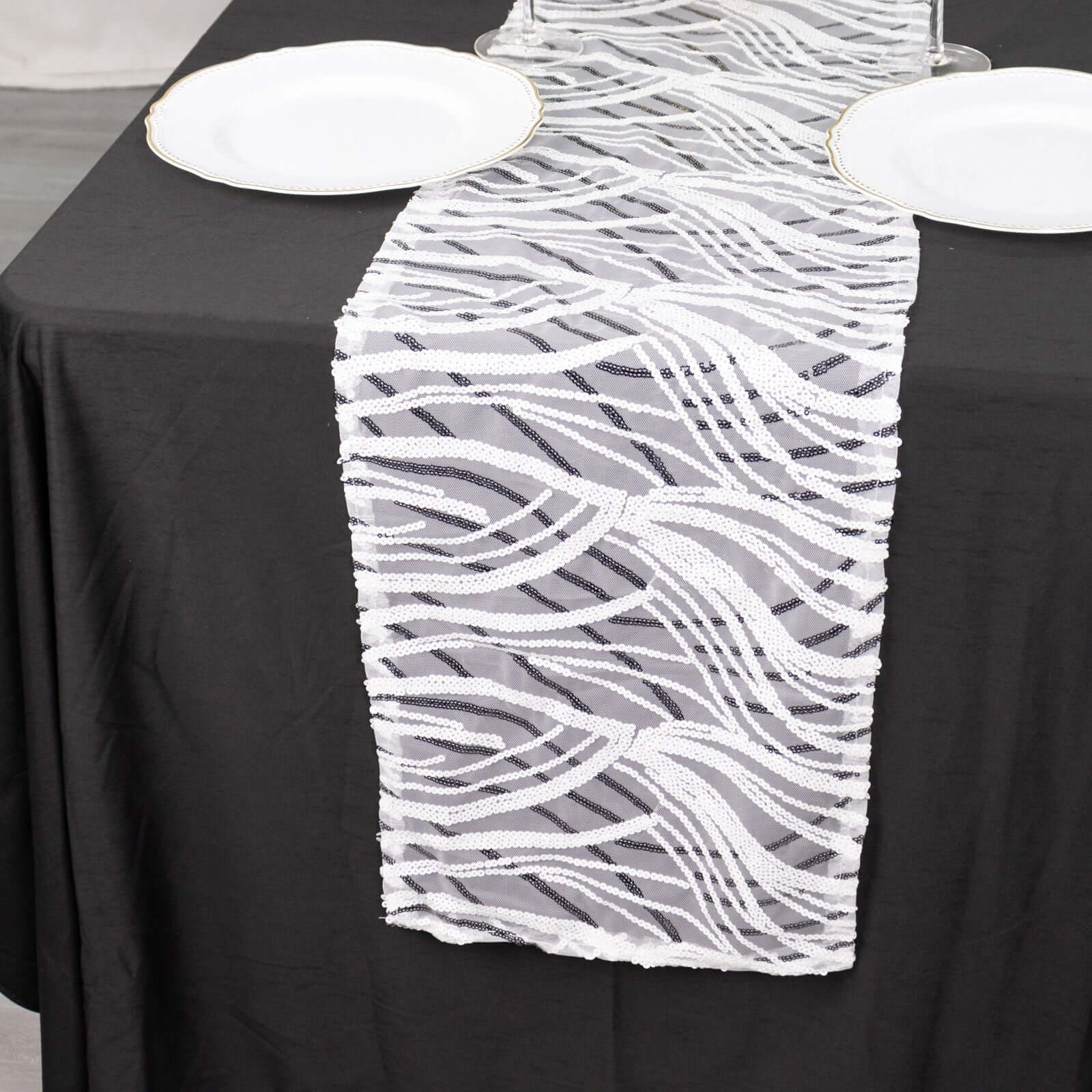 Sequin Mesh 12"x108" Table Runner White Black Stylish Wave Embroidery