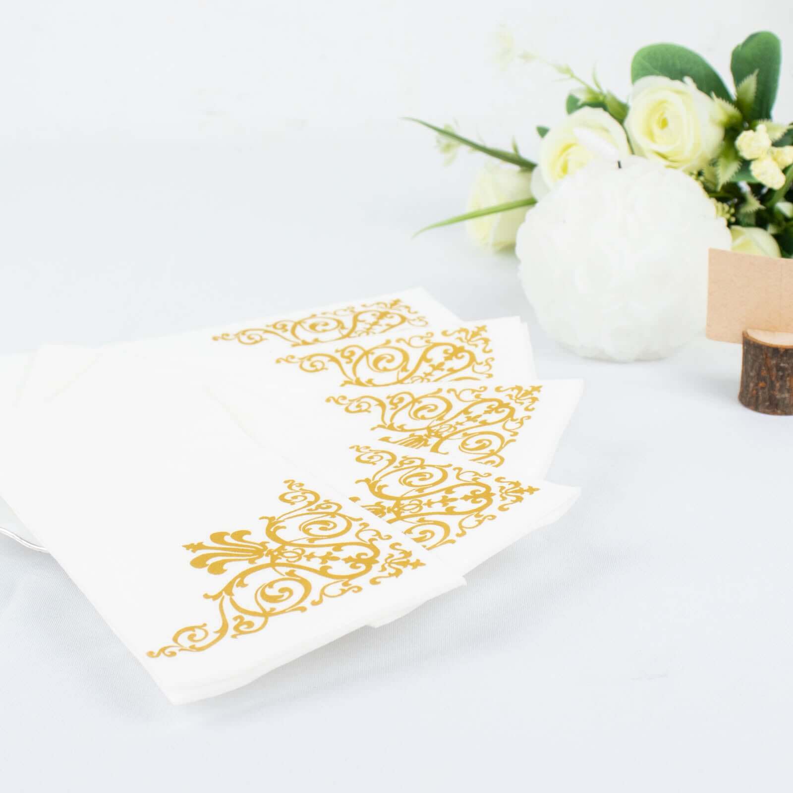 25 Pack White Linen-Feel Dinner Paper Napkins with Gold Fleur Vintage Print, Premium Cloth-Like Airlaid Disposable Napkins, Soft and Absorbent Guest Towels
