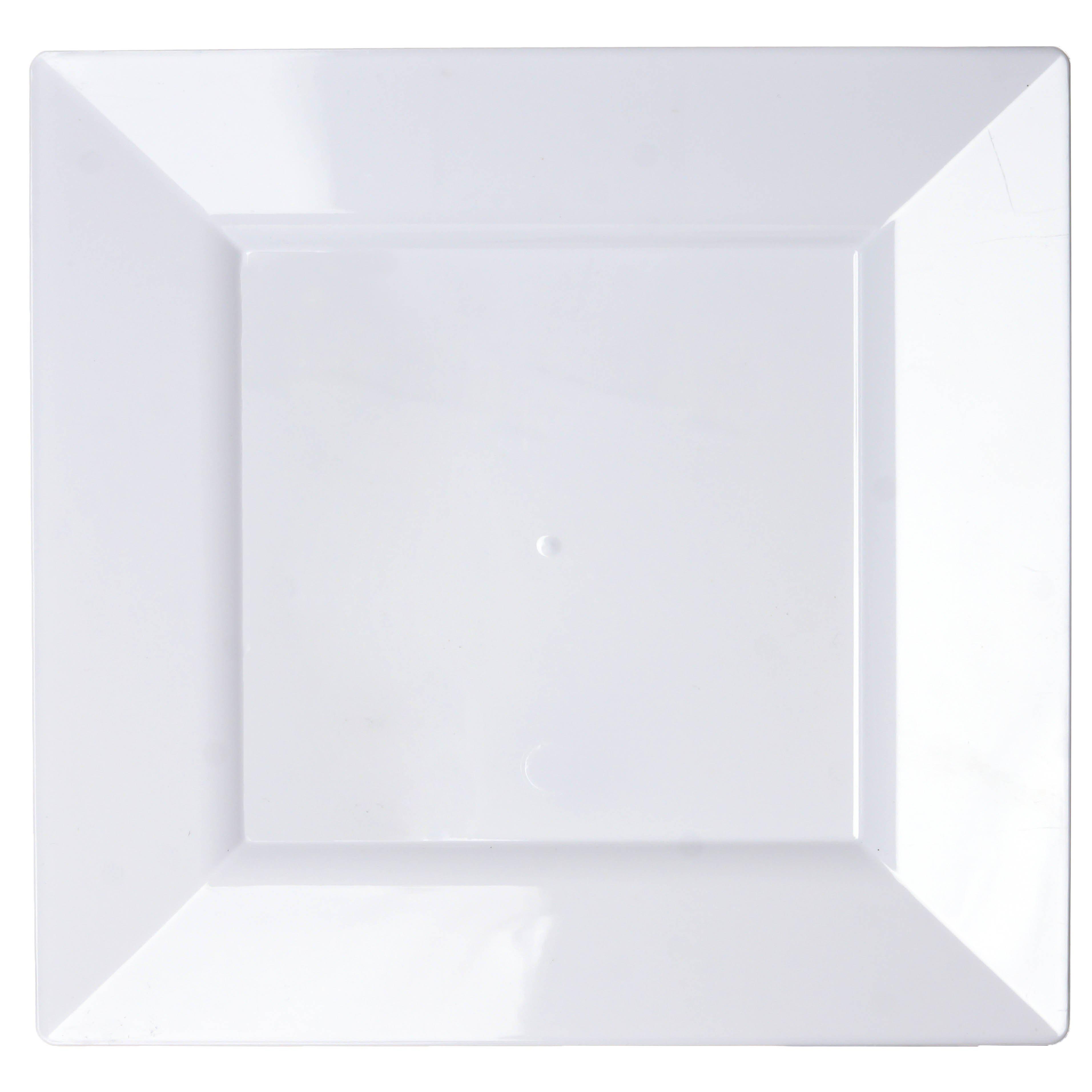 10-Pack Plastic Dinner Plates Glossy White Square with Wide Rim - Sturdy Disposable Party Plates 10"