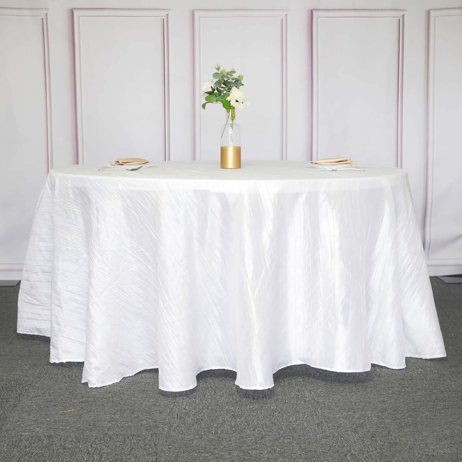 Taffeta 120" Round Tablecloth White - Seamless Accordion Crinkle Design for Stylish Occasions