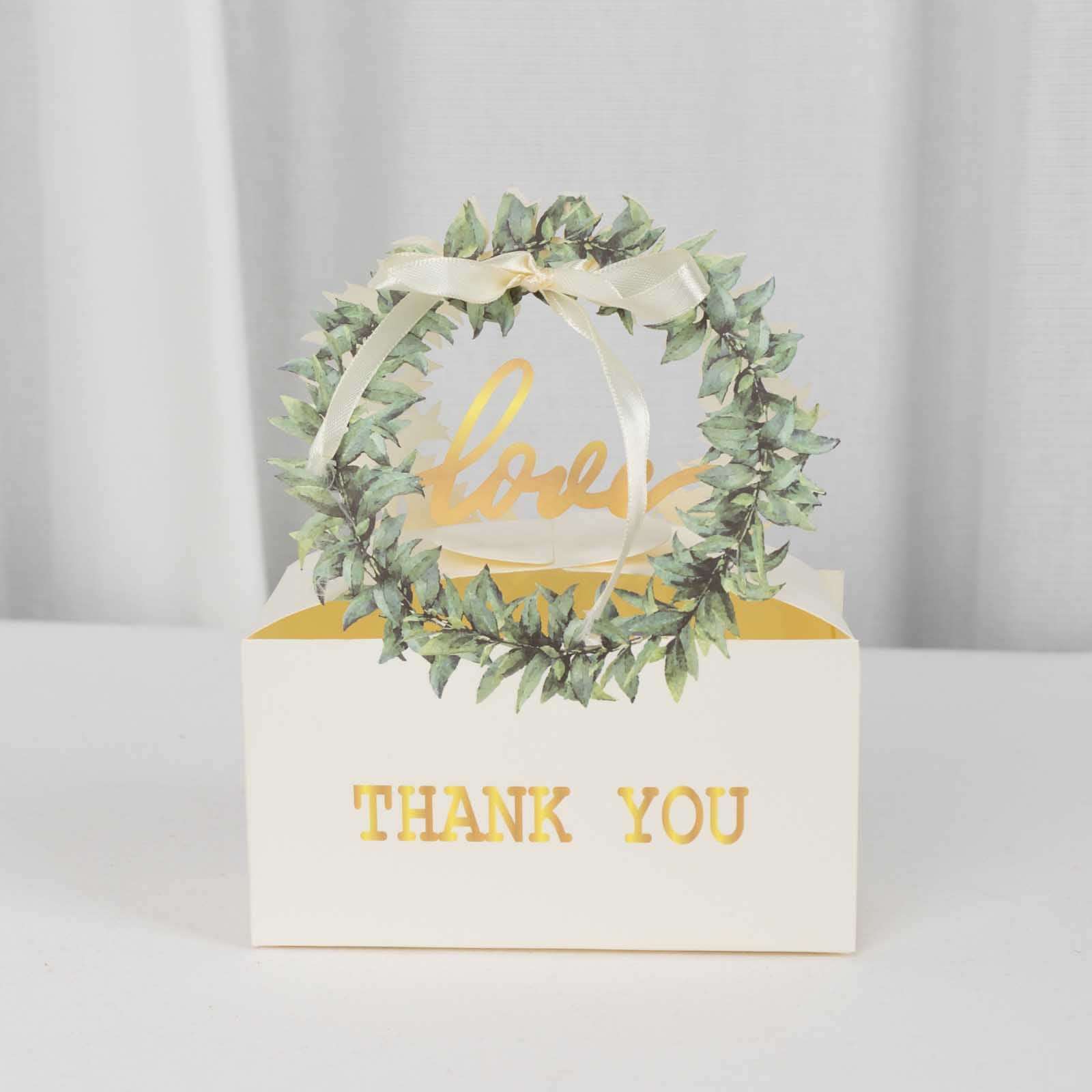 25 Pack White Thank You Candy Treat Boxes with Ribbon, Love Wreath Party Favor Gift Boxes - 6"x3"x7"