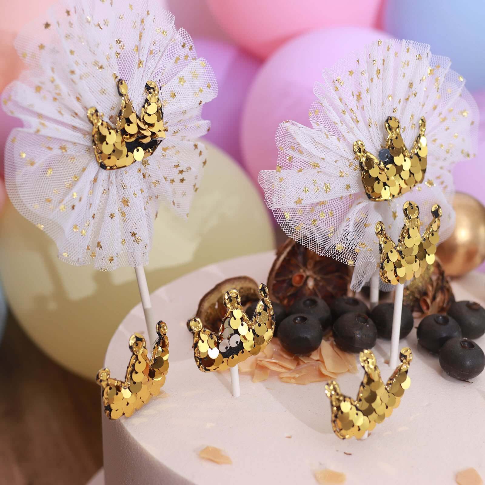 9-Pack Sequin Crown and Tutu Cupcake Cake Toppers Gold - Shimmering Princess Inspired Cake Inserts DIY Party Decoration Supplies