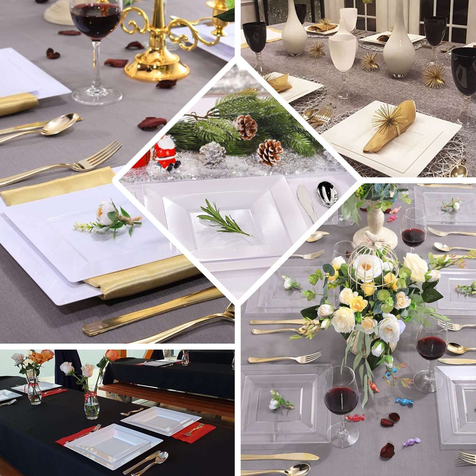 10-Pack Plastic Dinner Plates Glossy Black Square with Wide Rim - Sturdy Disposable Party Plates 10"