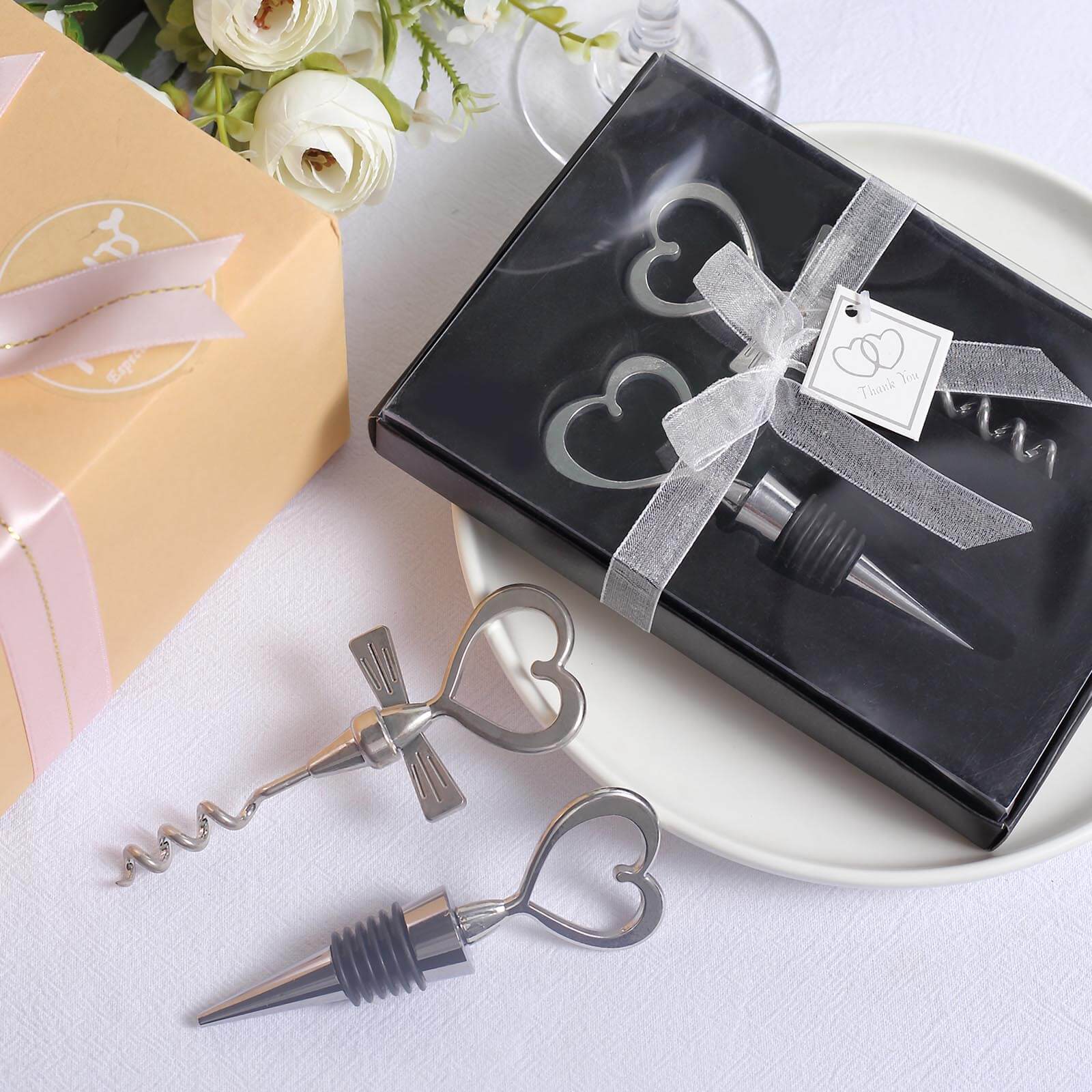 Silver Metal Heart Wine Bottle Opener Cork Stopper Party Favors Souvenir Gift Set, Wedding Favor in Velvet Box - 4.5",5"