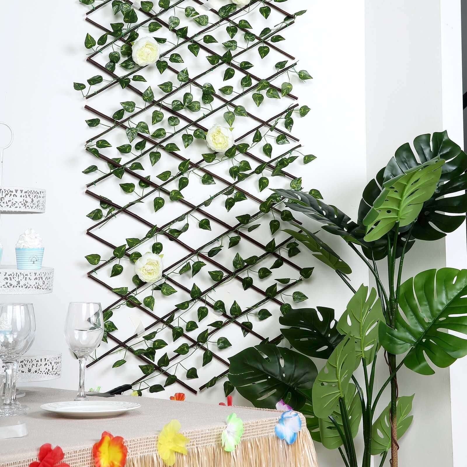 17"x95" Expandable Wooden Lattice Fence With Artificial Ivy Leaf Trellis Vines, Accordion Backdrop Fencing