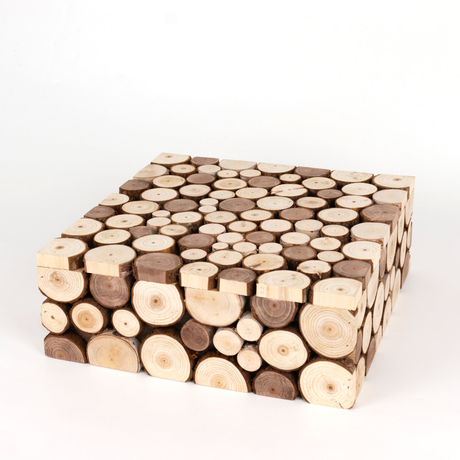 Wooden Cake Stand 14"x14" Square Design Rustic Natural Slices - Farmhouse Display Box Pedestal Riser
