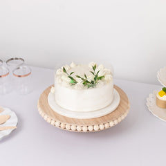 Wooden Pedestal Cake Stand Round Rustic Design with Beaded Edge Natural - Farmhouse Cupcake Holder Serving Tray 12"