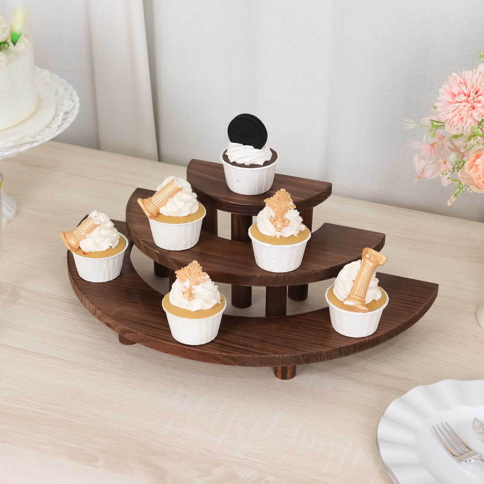 Set of 3 Wooden Dessert Pedestals Rustic Brown 3-Tier Semicircle Design - Half Moon Cupcake Display Risers 7", 13", 18"