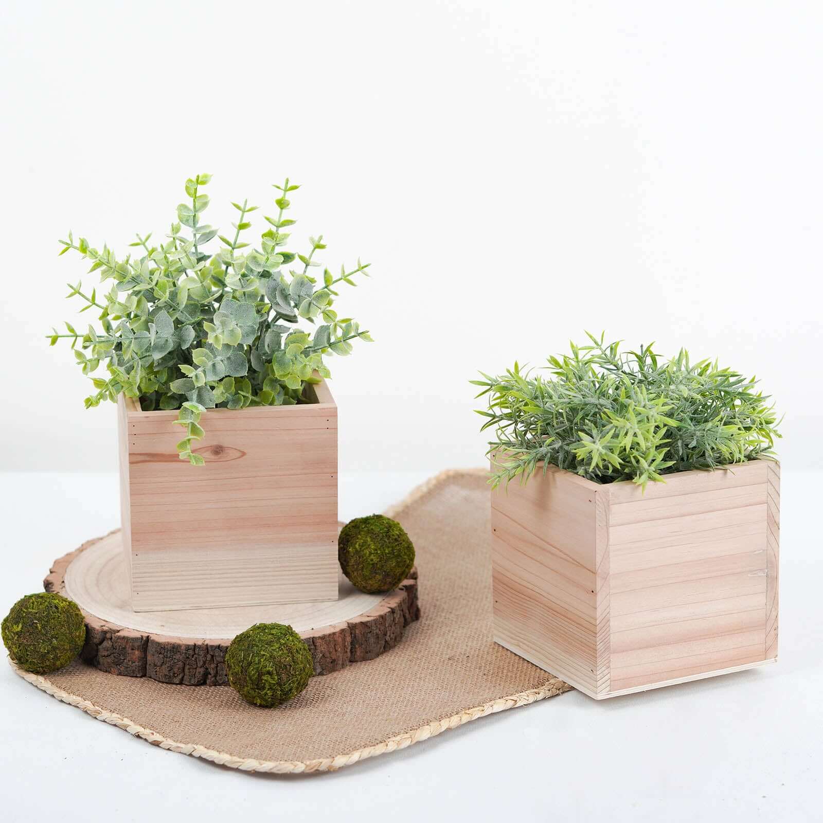 2 Pack 5" Square Tan Wood Planter Box Set, Plant Holder With Removable Plastic Liners