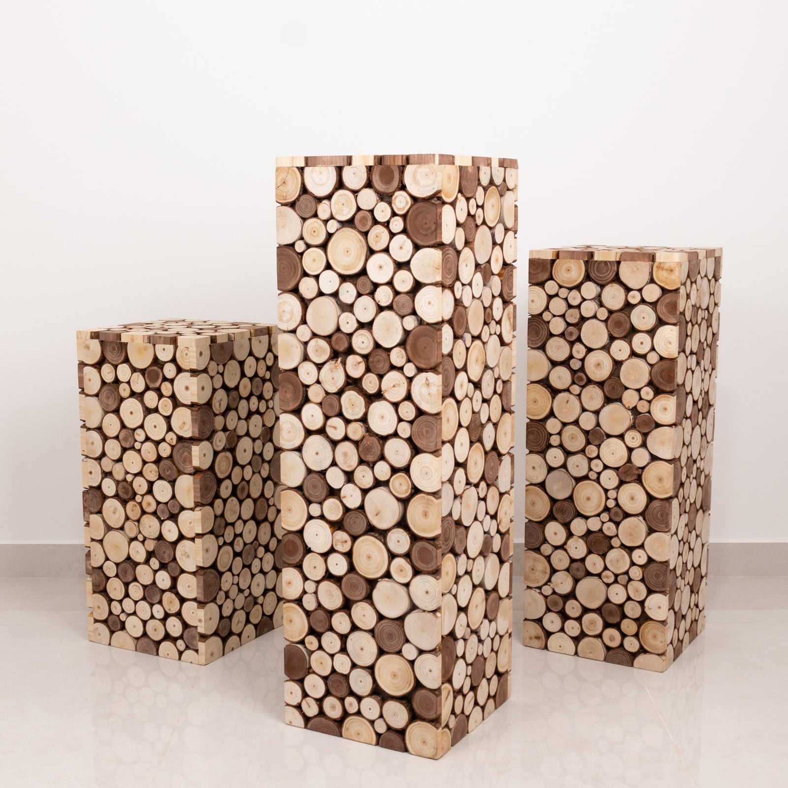 36" Natural Wooden Slices Pillar Prop Pedestal Stand, Rustic Farmhouse Wood Riser Rectangular Plant Stand